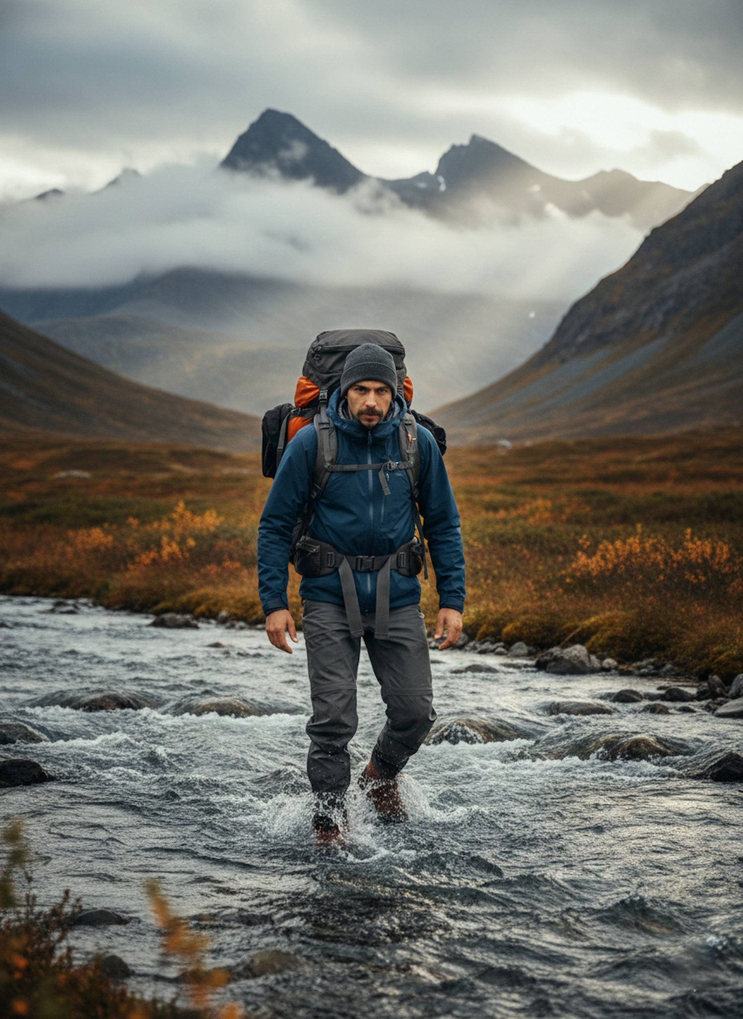 Ultra-realistic portrait of a hiker crossing a fast-flowing river in Northern Norway in autumn with full hiking gear