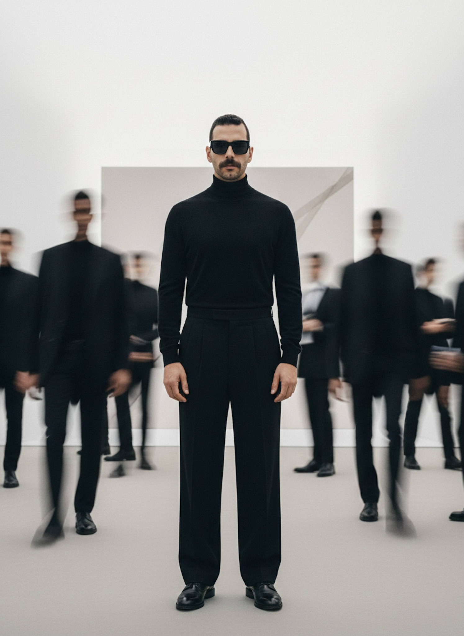 High-fashion editorial portrait of a stoic person in black with motion-blurred silhouettes passing around them