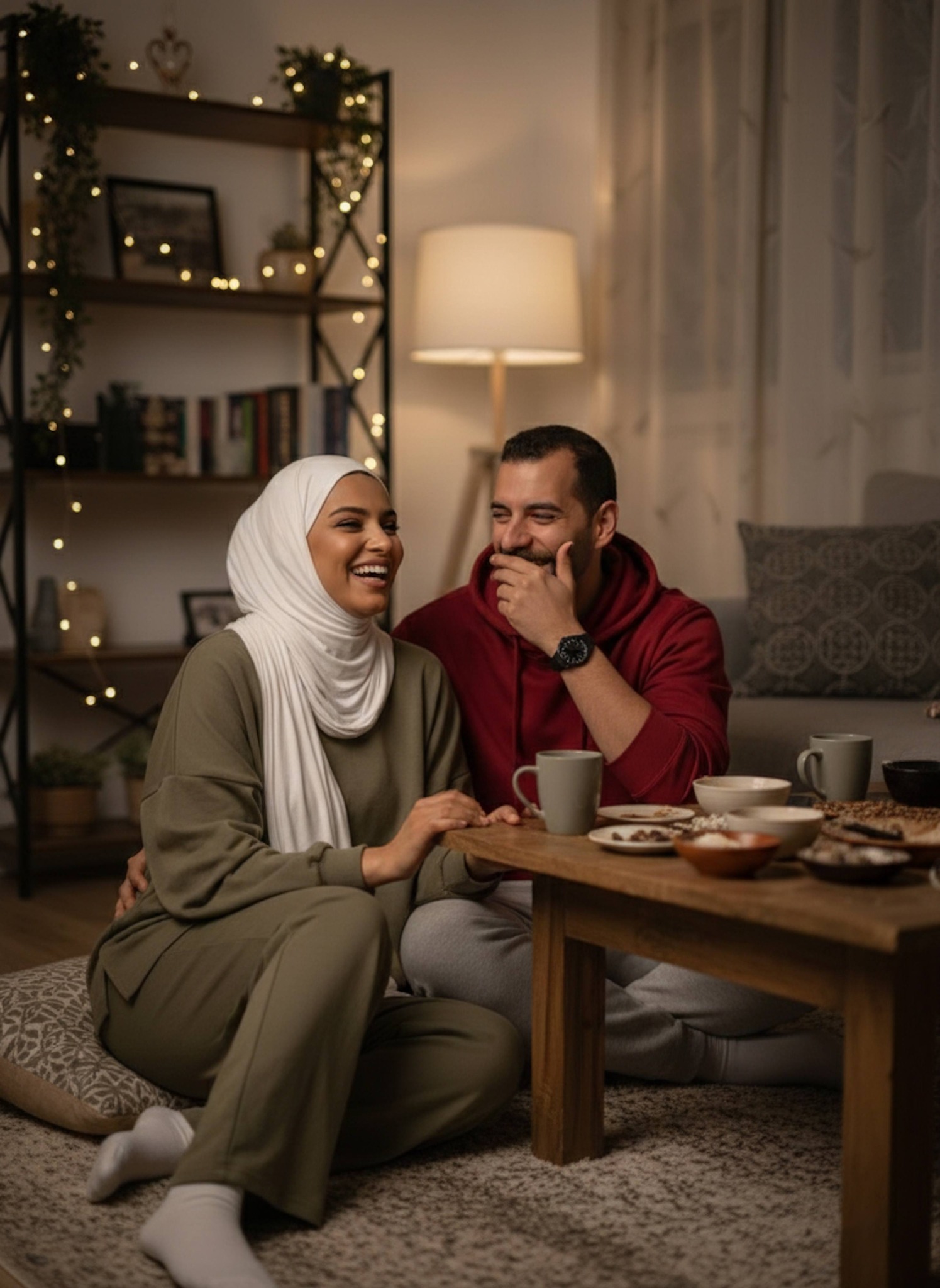 Couple sitting on a rug laughing together over coffee at a low table with warm intimate lighting