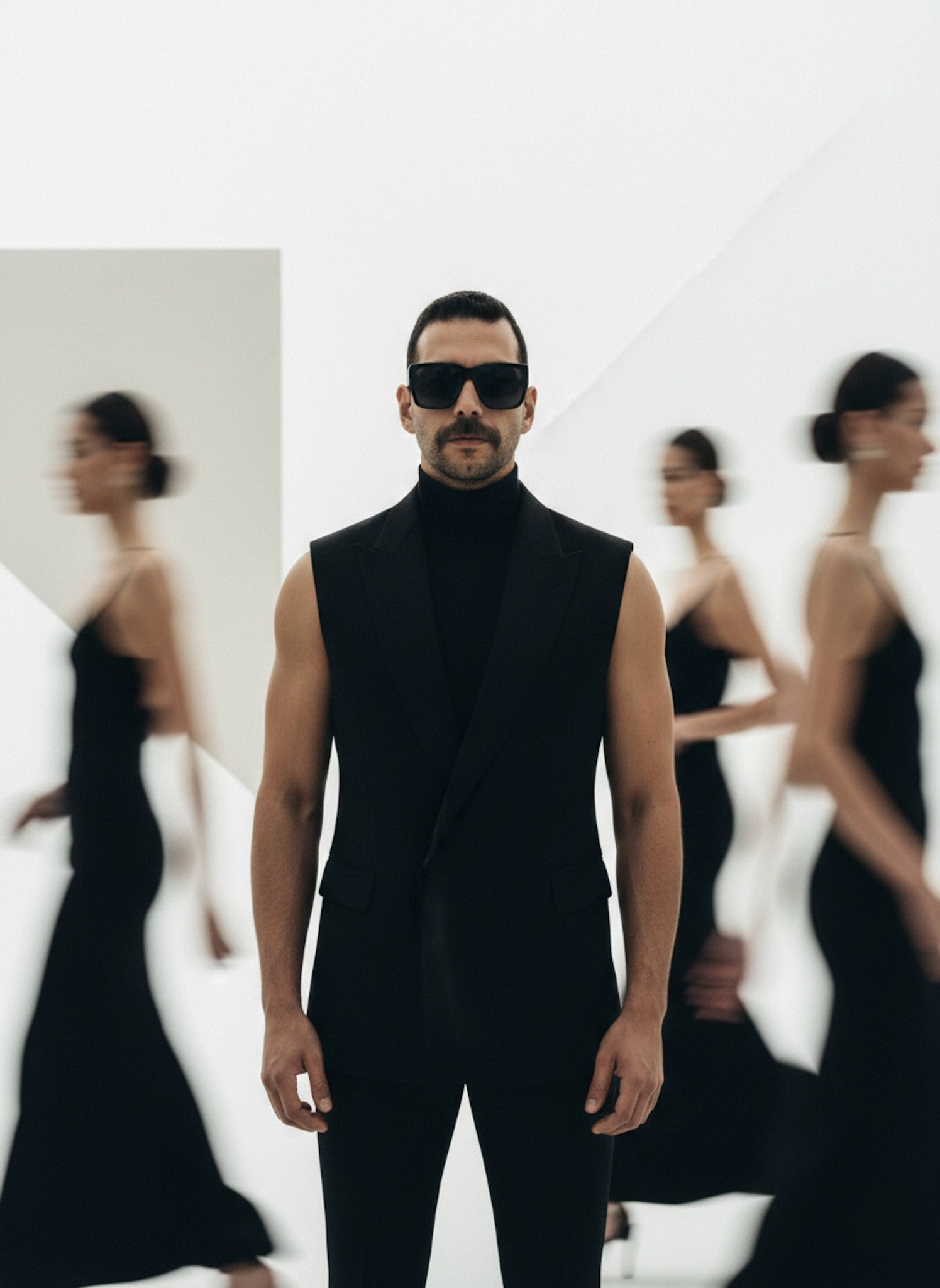Stoic fashion portrait of a muscular person in a black minimalist outfit with blurred figures passing around