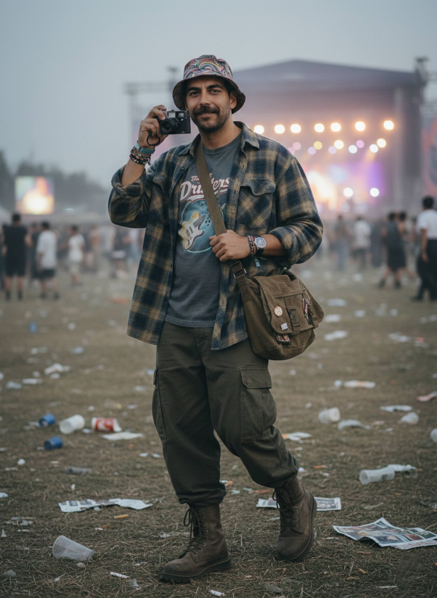 Ultra-realistic 90s indie festival fashion editorial portrait with Britpop-inspired streetwear styling