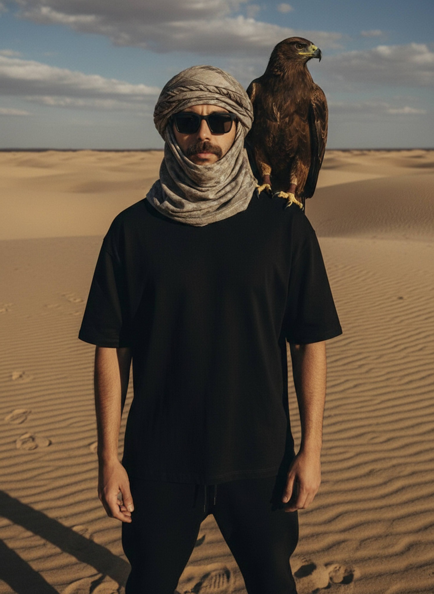High-angle fashion editorial of a person in desert wear with an eagle perched on their shoulder in an isolated desert
