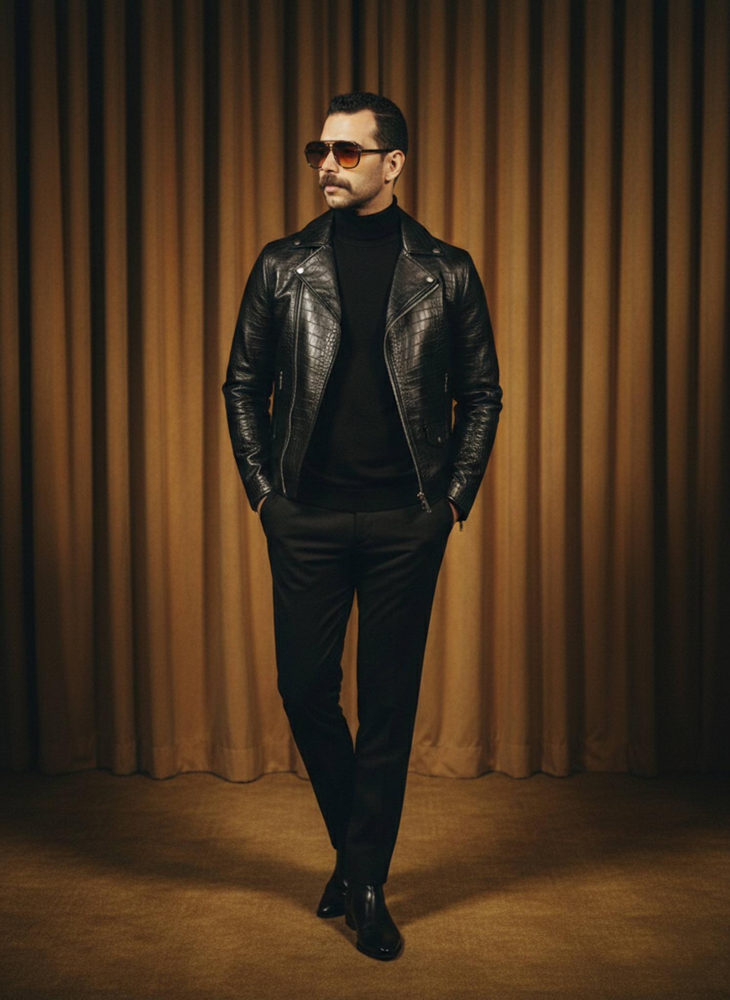 Dark fashion editorial portrait of a person in amber sunglasses with hands in pockets and a contrapposto stance