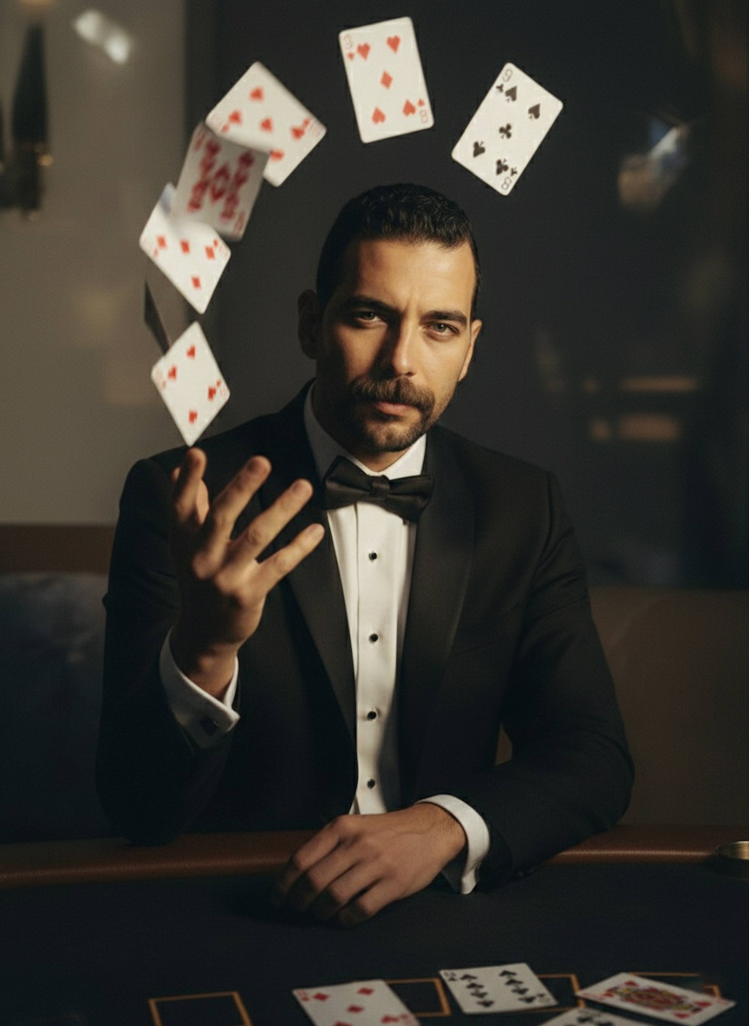 High-fashion portrait of a person in a black tuxedo at a card table with red playing cards arcing above their hand