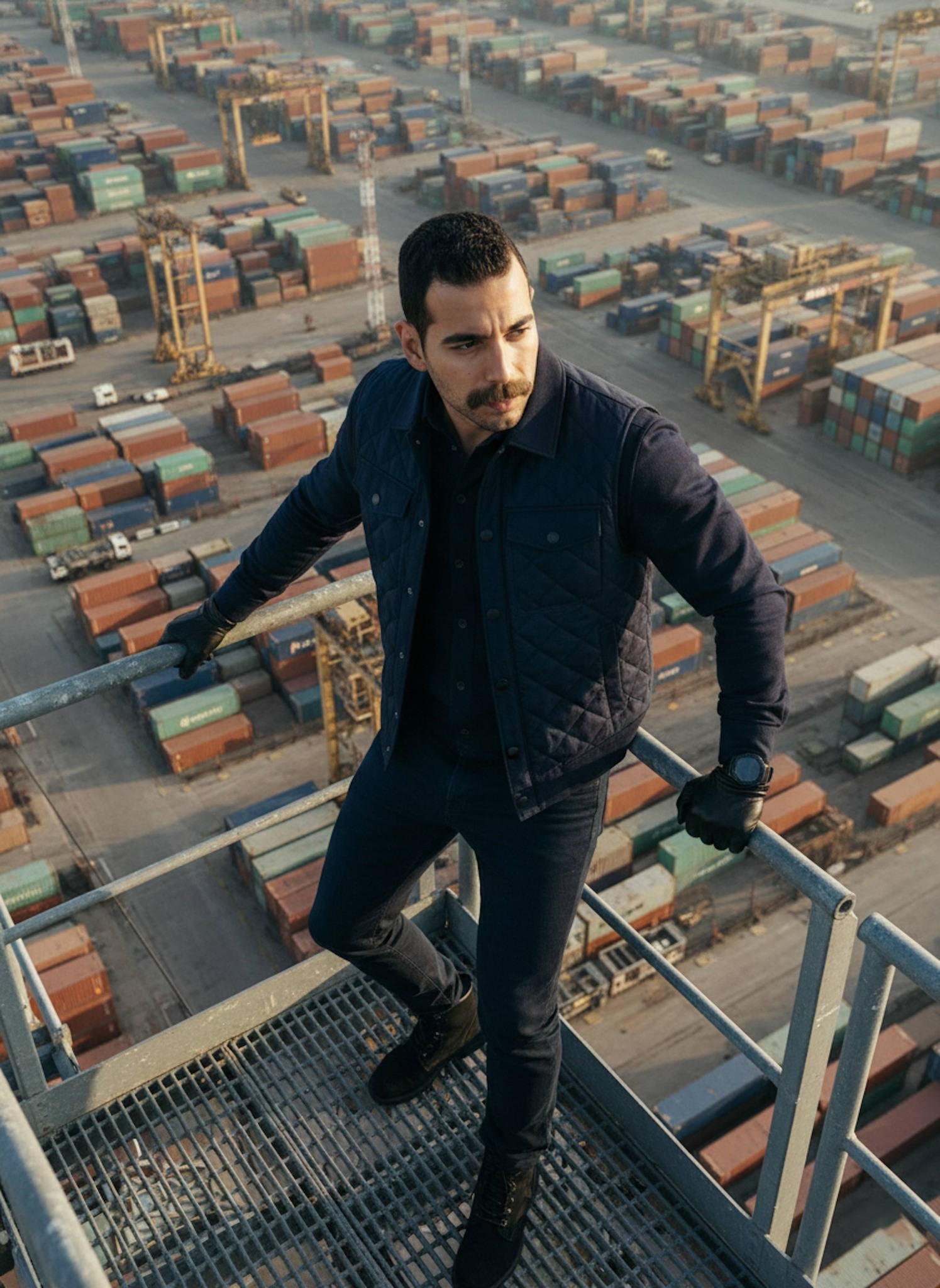 Cinematic portrait of a person in tactical gear on a metal catwalk high above a shipping yard with cranes