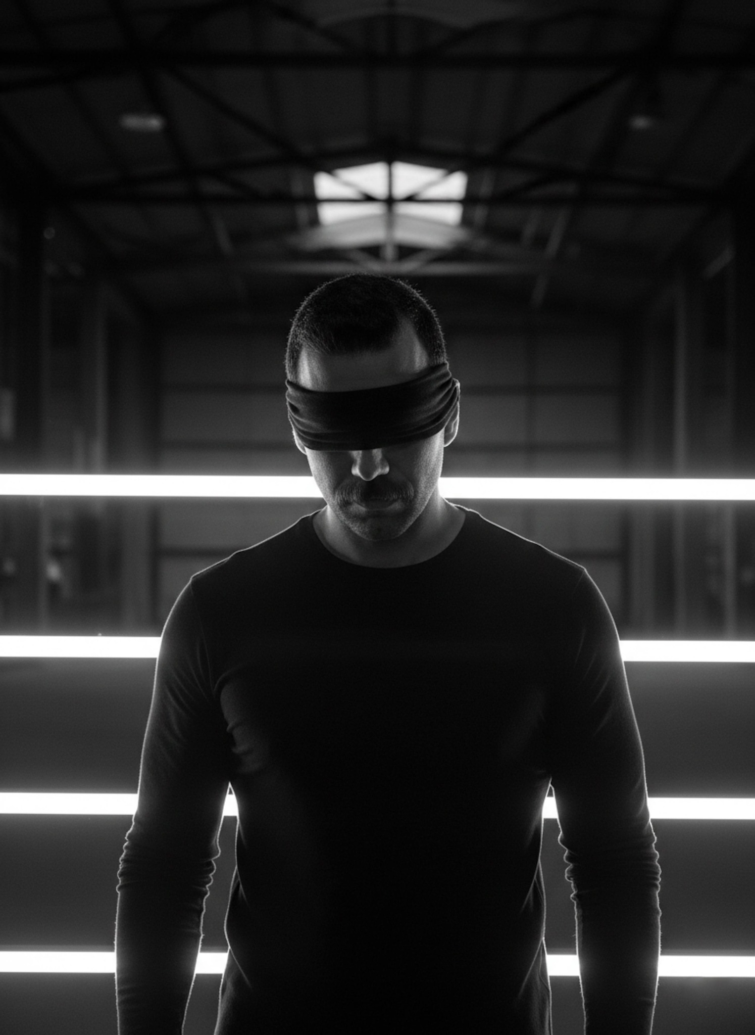 High-contrast black and white portrait of a person with an eye cloth in an industrial setting leaning forward