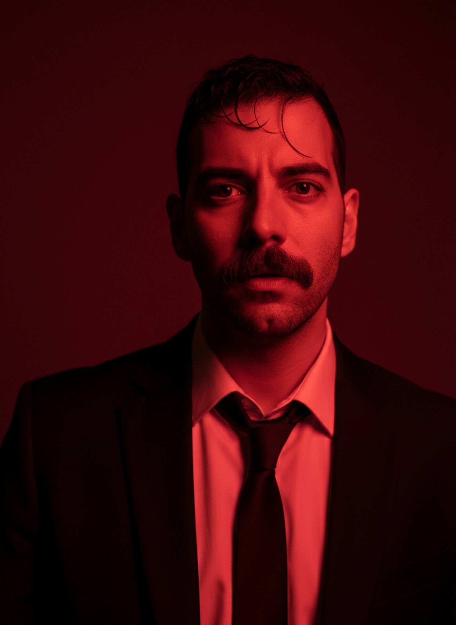 Dramatic red monochrome close-up portrait in a black suit with Dutch tilt angle creating psychological tension