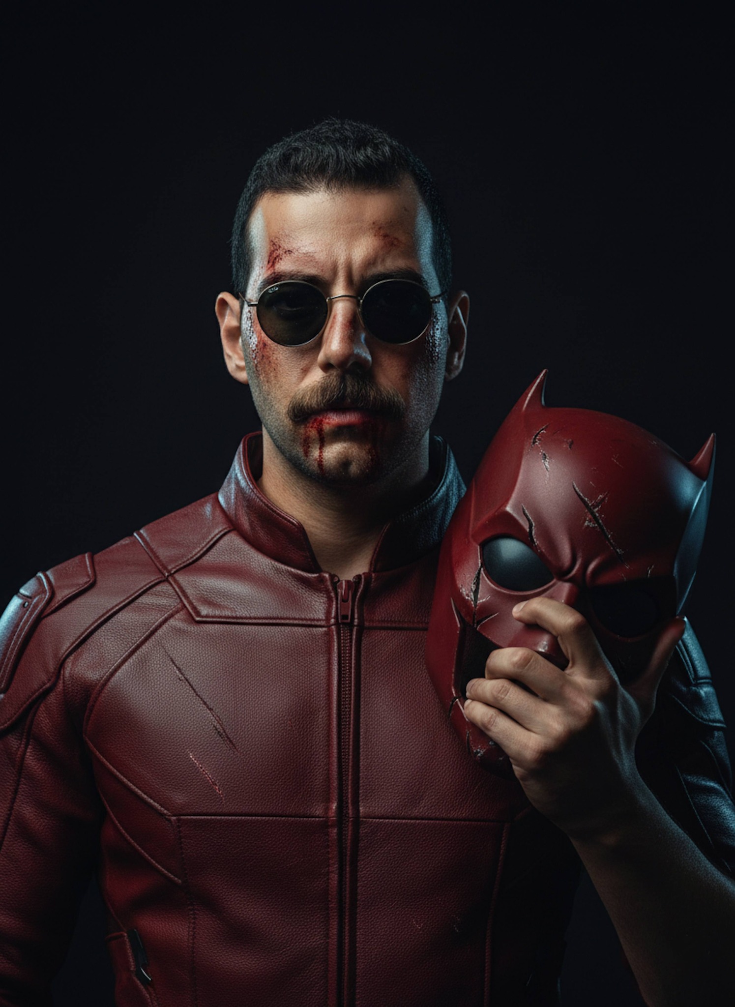 Hyper-realistic close-up of a battle-worn vigilante with bruises in dark red armored leather against black background