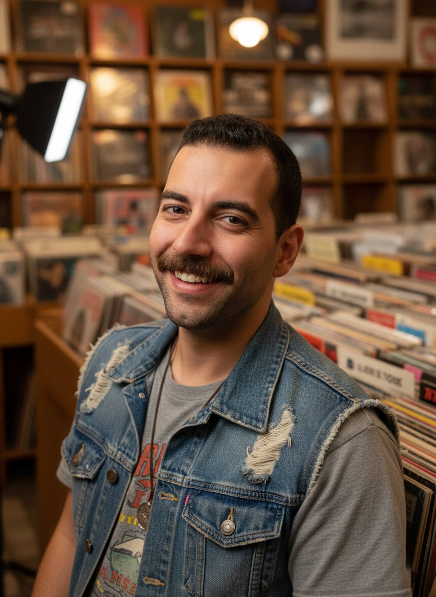 Nostalgic portrait in a vintage vinyl record shop with album rows wearing a graphic tee and denim jacket