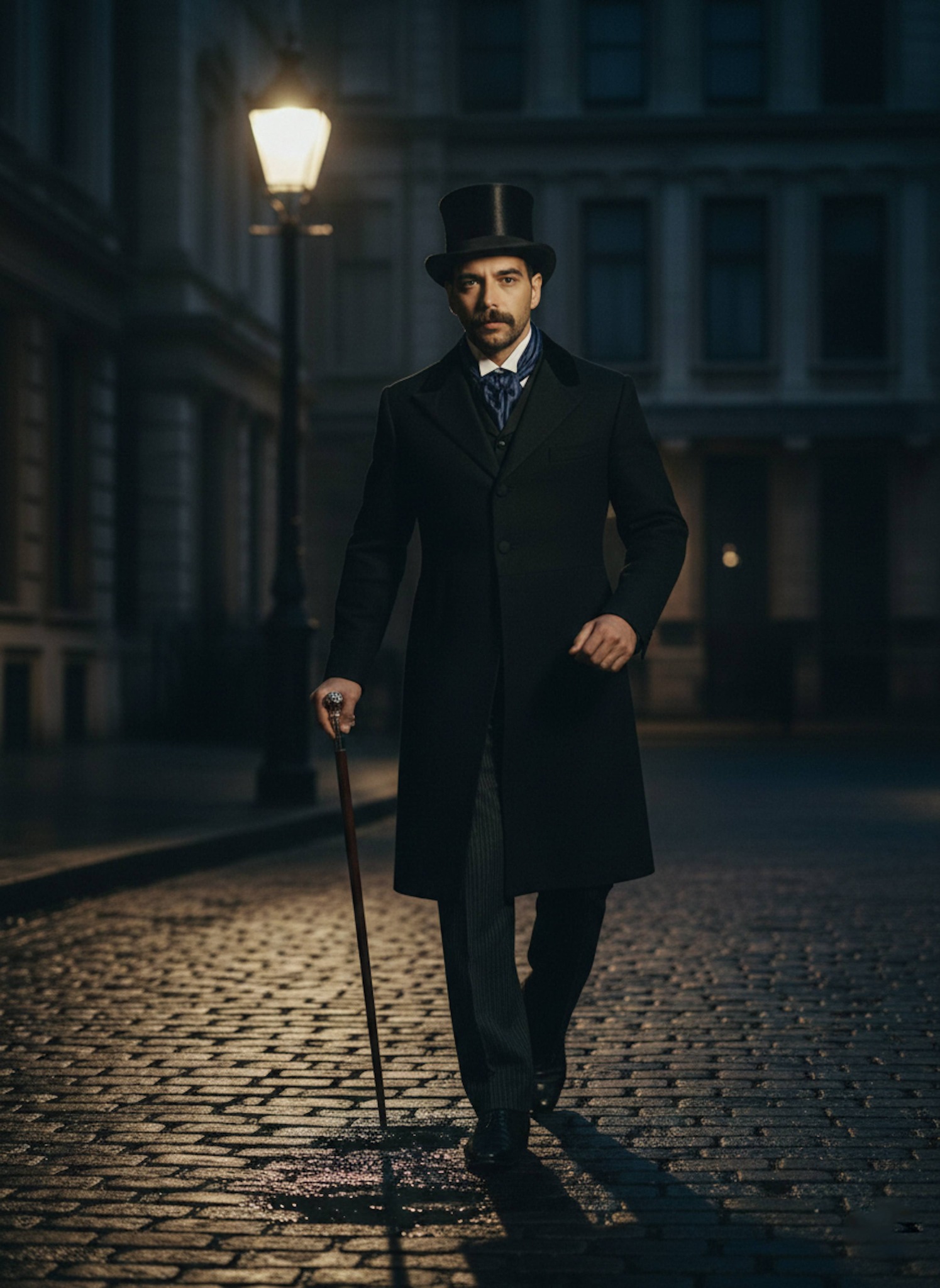 Person in a Victorian black wool frock coat and top hat walking under a gas street lamp on a foggy night