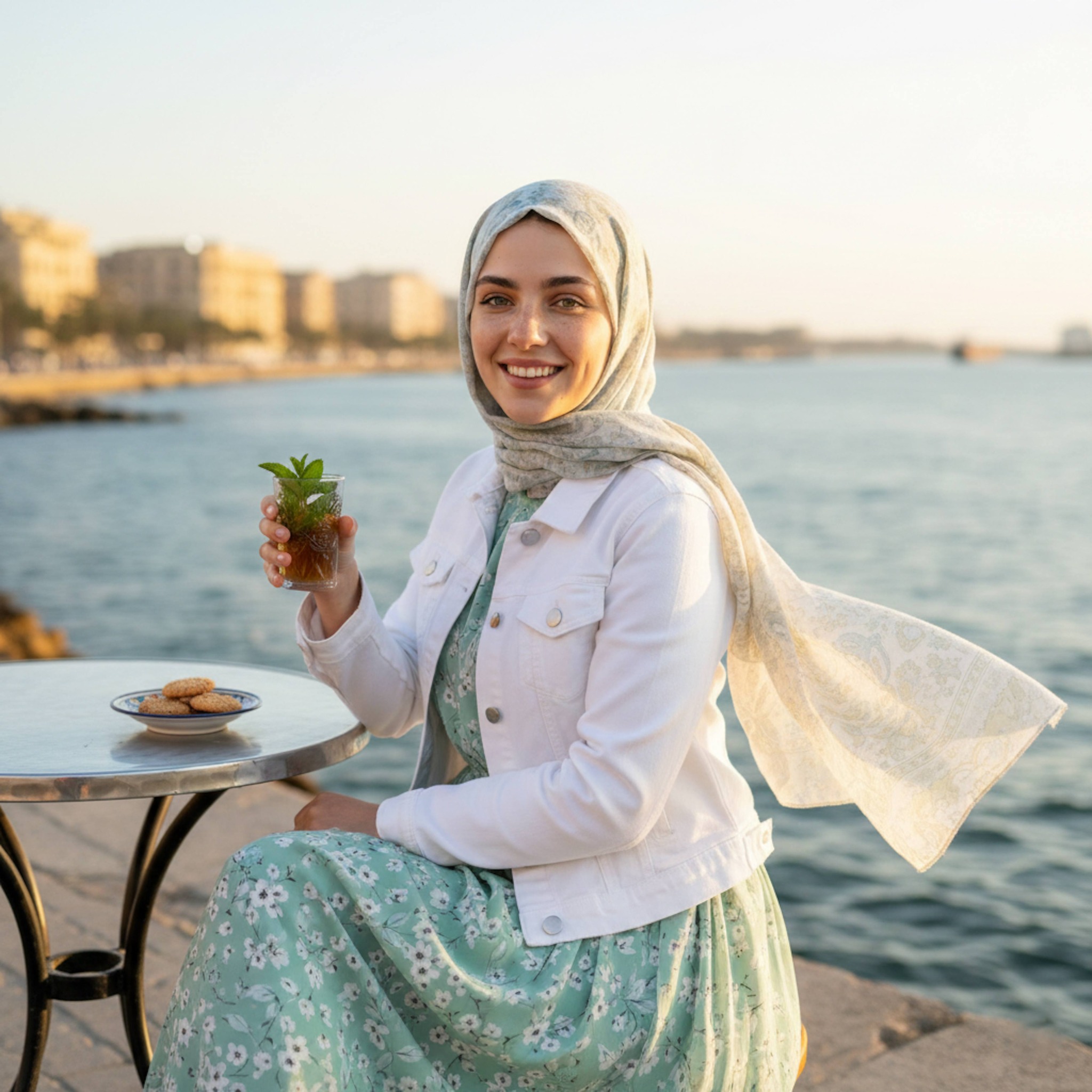 Person in a hijab sitting at a Corniche cafe table overlooking the Mediterranean sea in warm golden coastal light