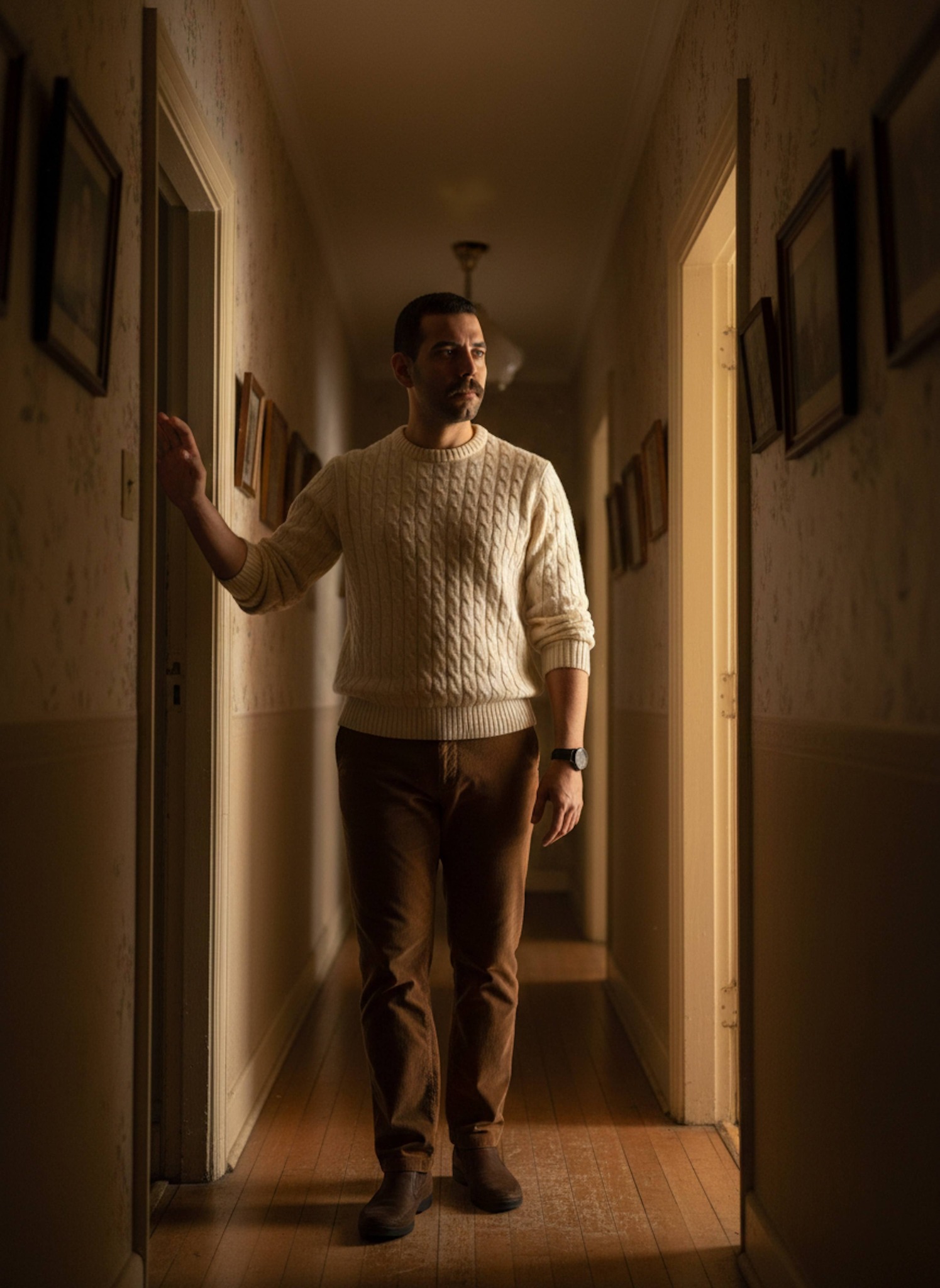 Nostalgic portrait of a person in a cream cable knit sweater standing in a dimly lit childhood home hallway