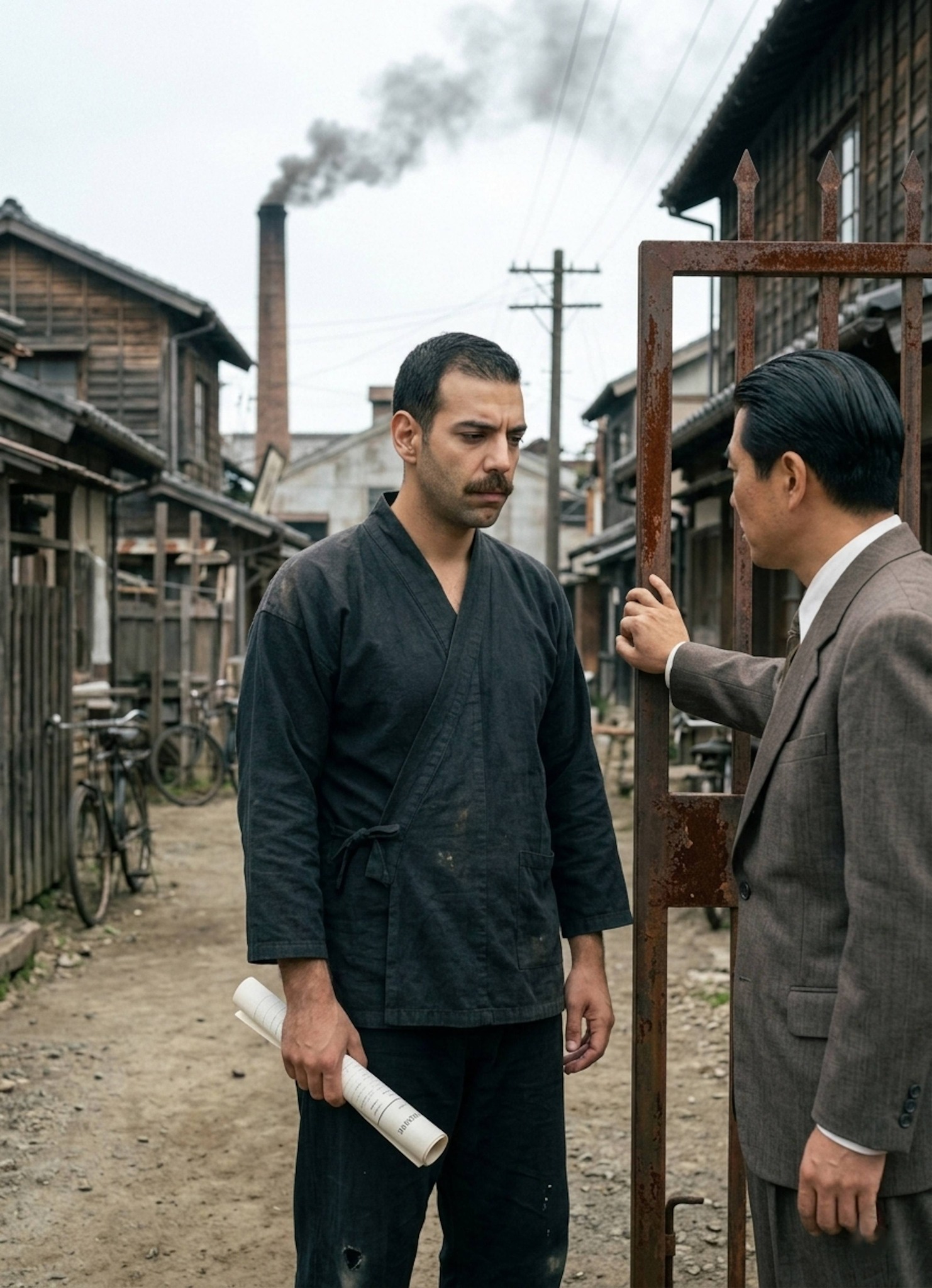Emotional portrait of a person standing at a post-war Japan factory gate showing dignity and heartbreak