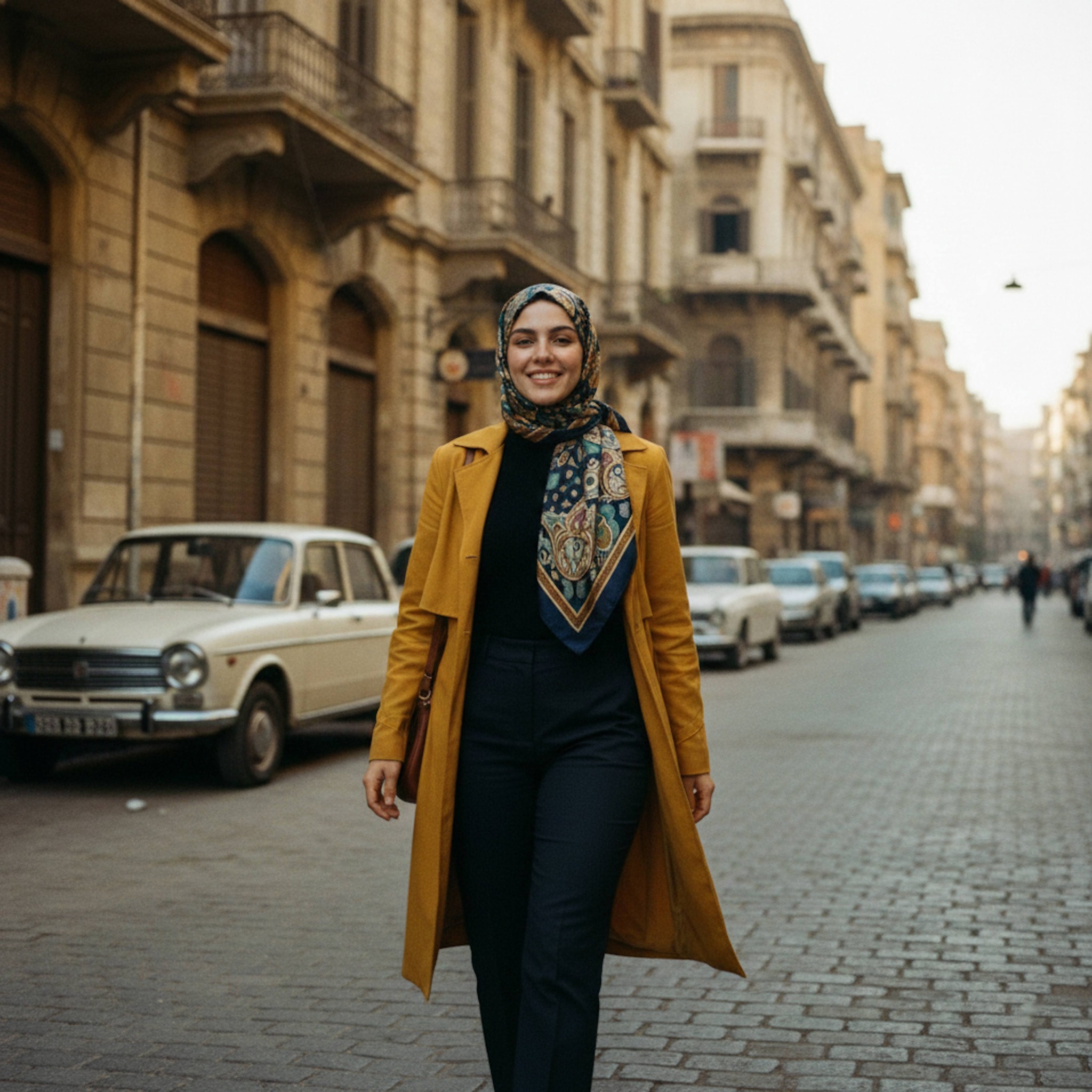 Confident hijabi woman in a mustard trench coat walking along Fouad Street in Alexandria with vintage European buildings