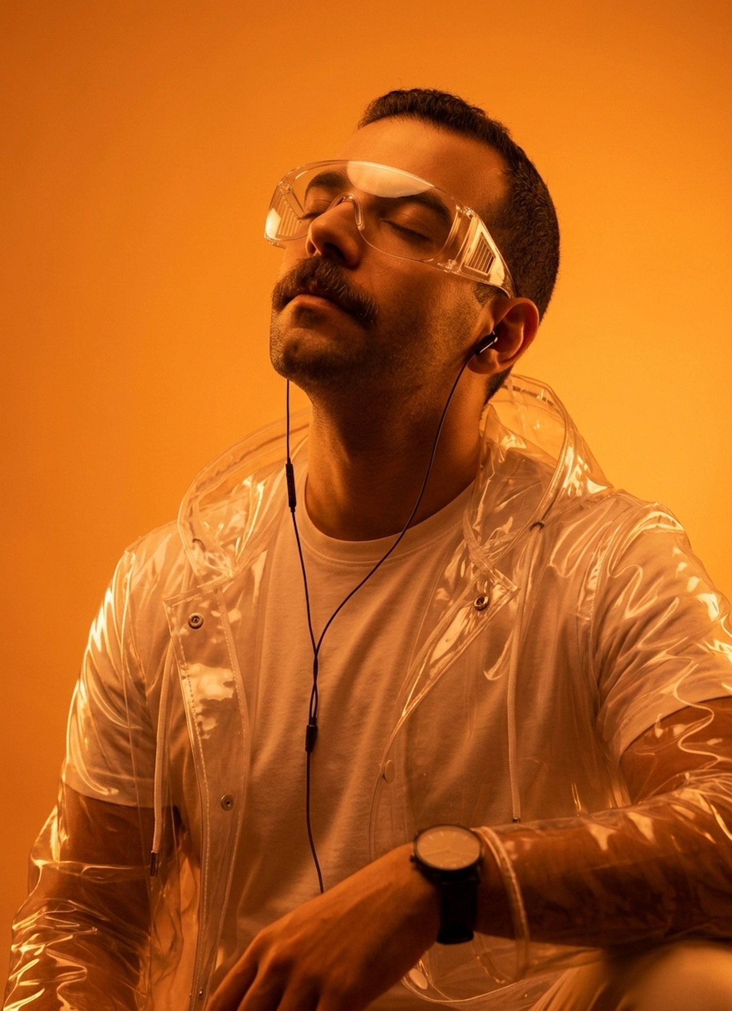 Surreal portrait of a person levitating in white robes above a futuristic desert with holographic mandalas and two moons