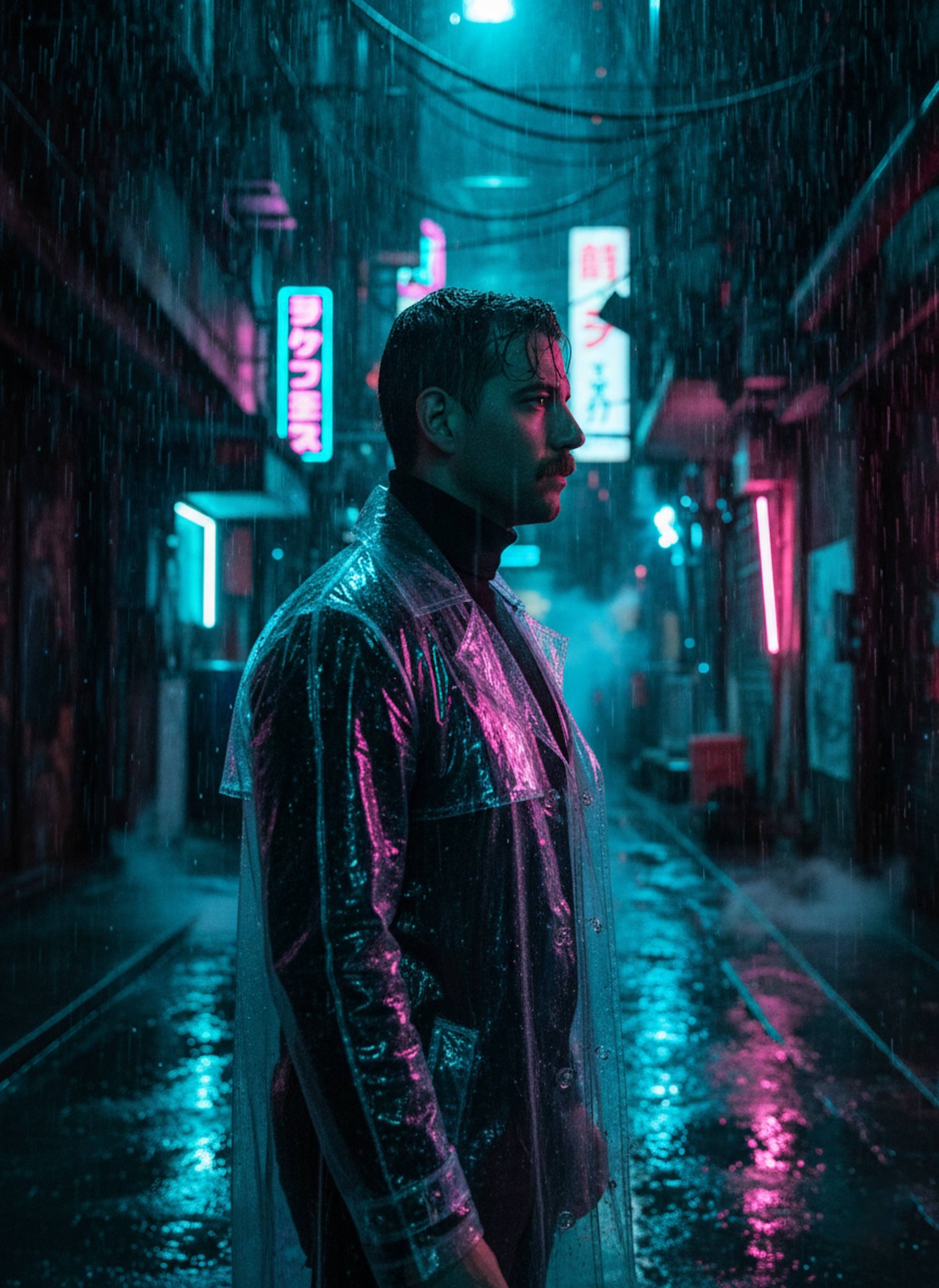 Cinematic cyberpunk noir portrait in a rain-soaked alley with holographic signs and neon half-lighting the face