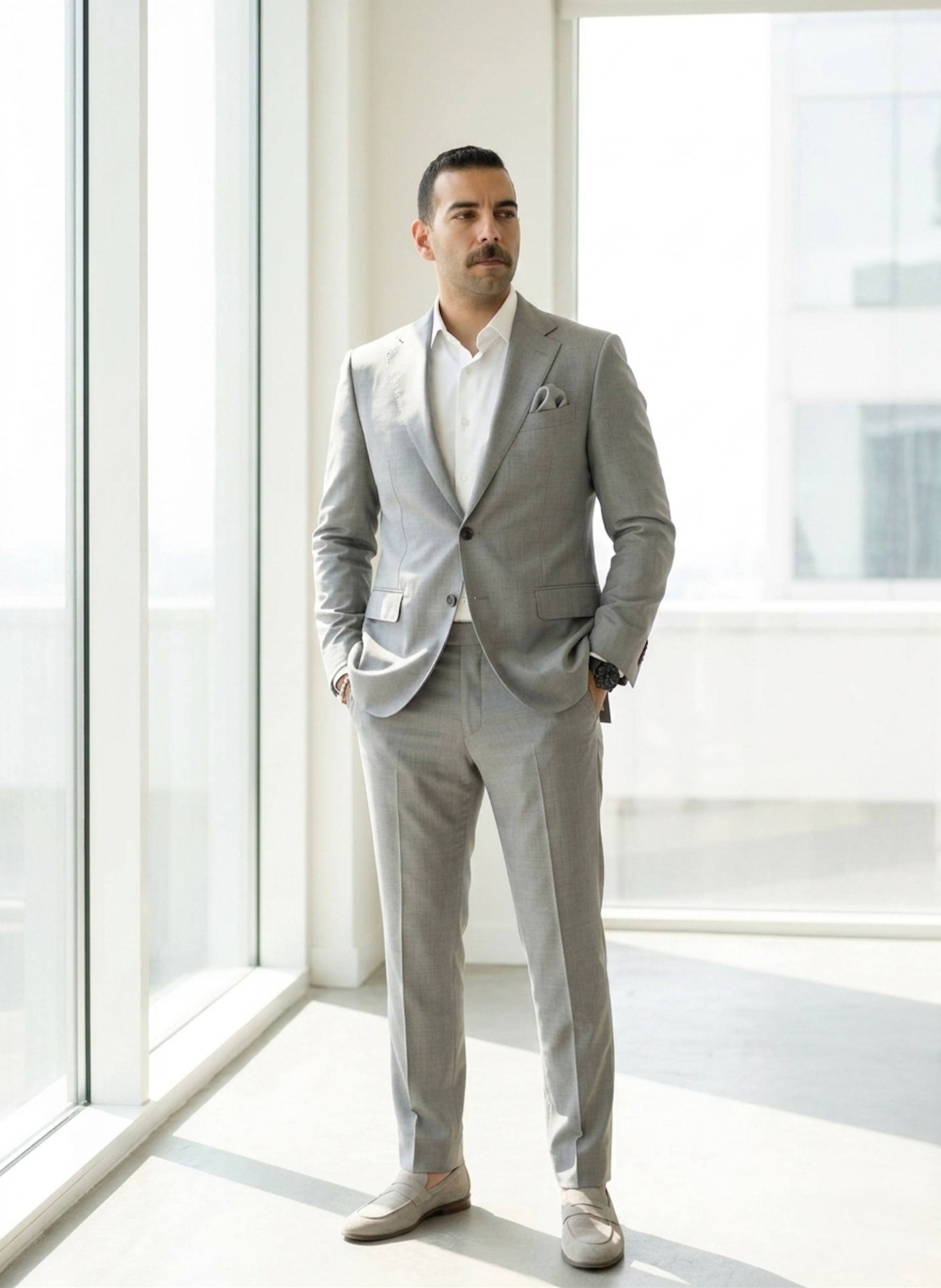 Hyper-realistic all-white cyberpunk fashion portrait with geometric trench coat and AR glasses with holographic particles