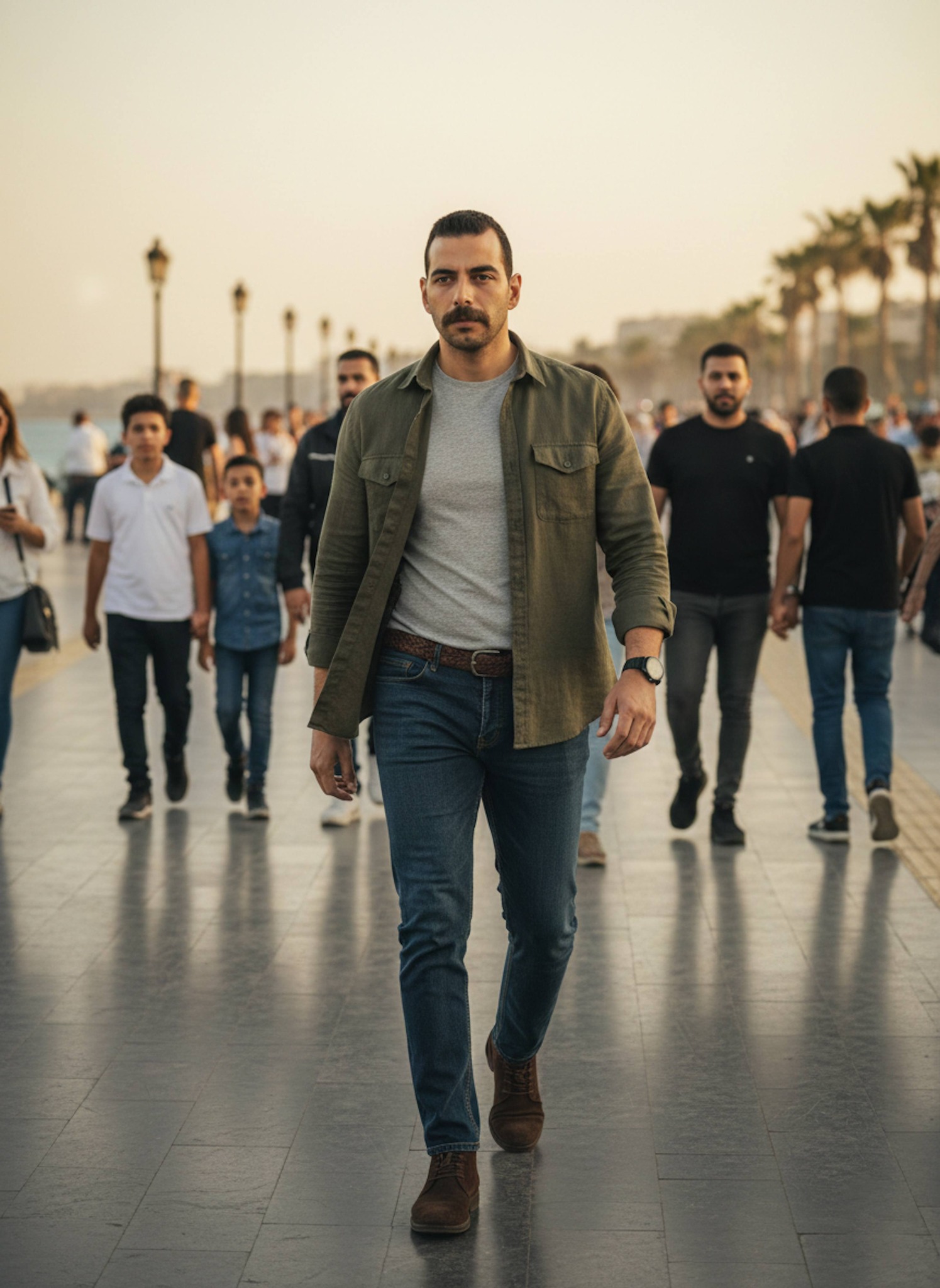 Documentary-style portrait of a person walking along the Alexandria Corniche waterfront with watchful posture