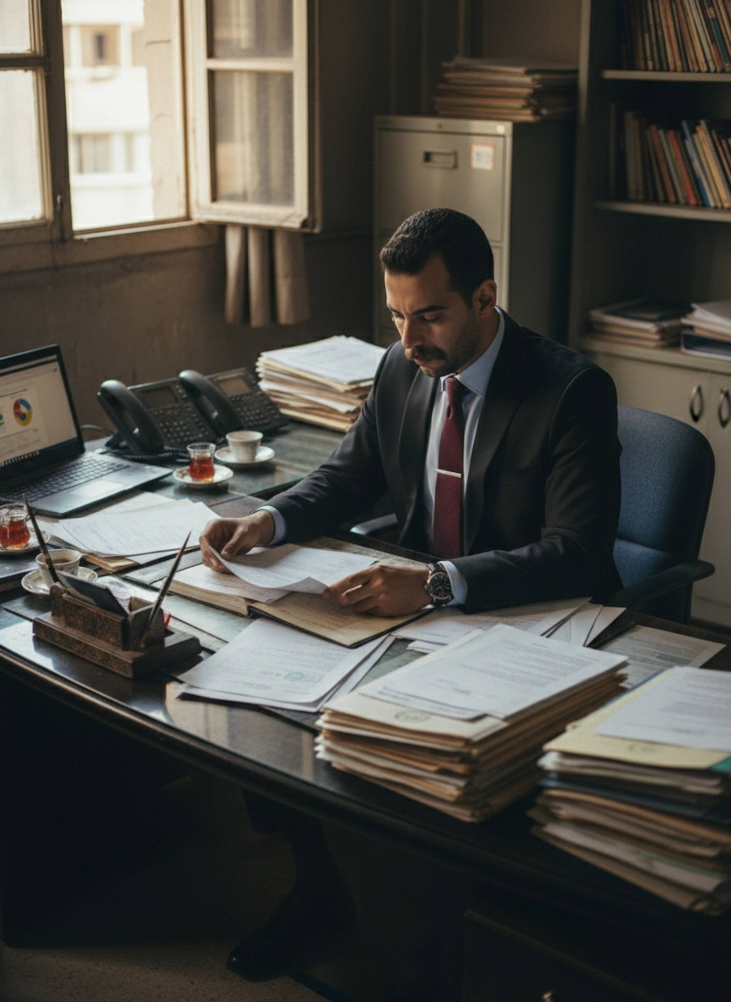 Candid documentary portrait of a person at a Khan El Khalili cafe terrace reviewing documents with alert surveillance posture