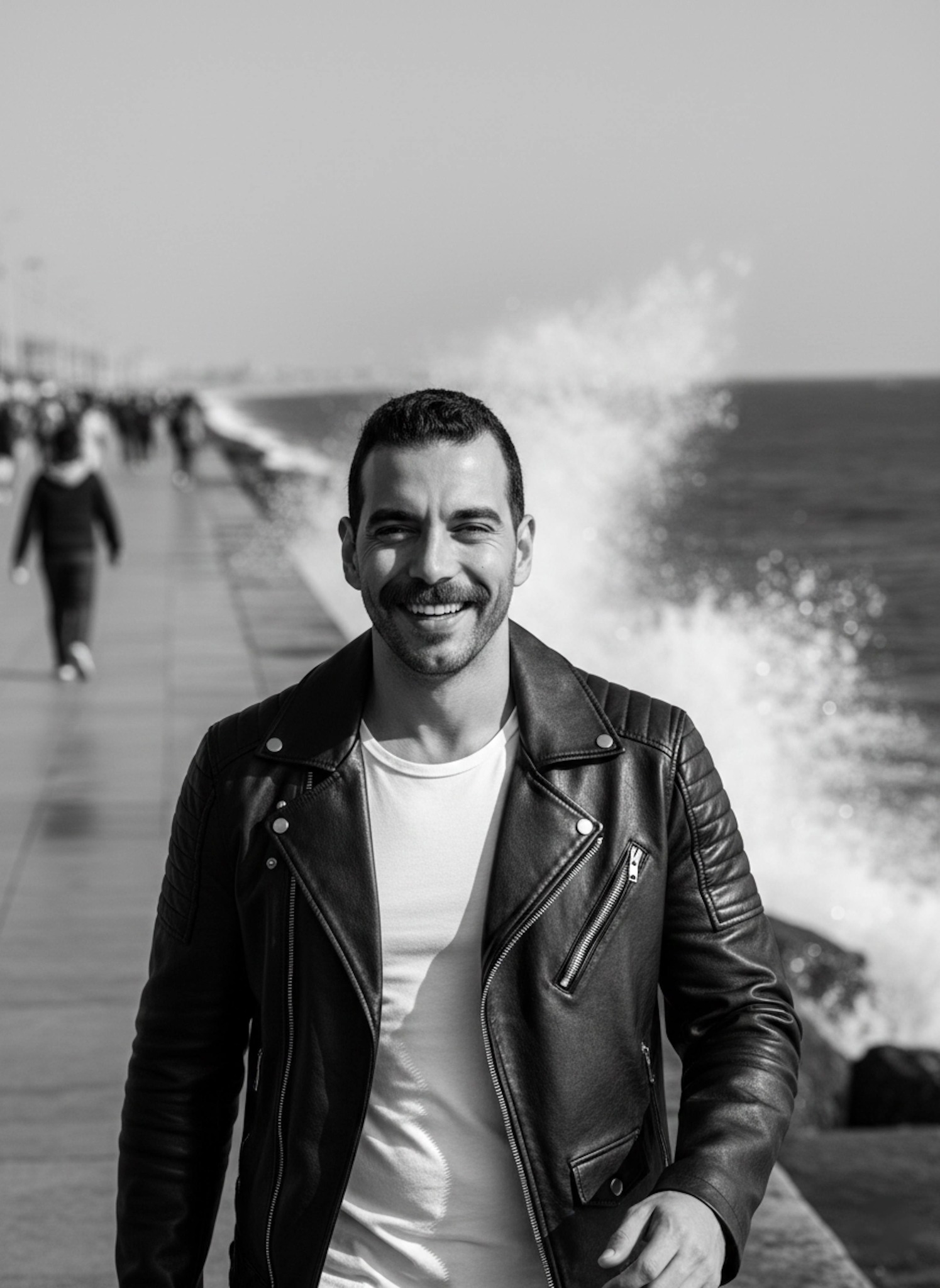 Person in biker-style clothing walking along the Alexandria Corniche in professional high-contrast black-and-white