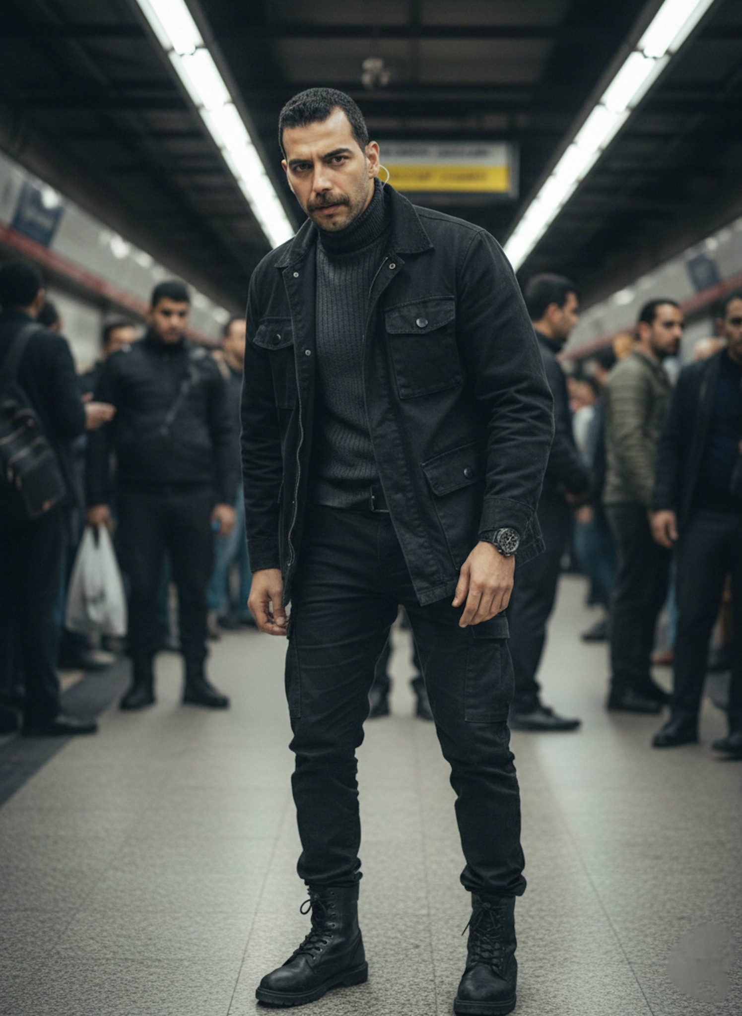 Documentary portrait reflected in polished Cairo Metro doors monitoring passengers during peak hour commute