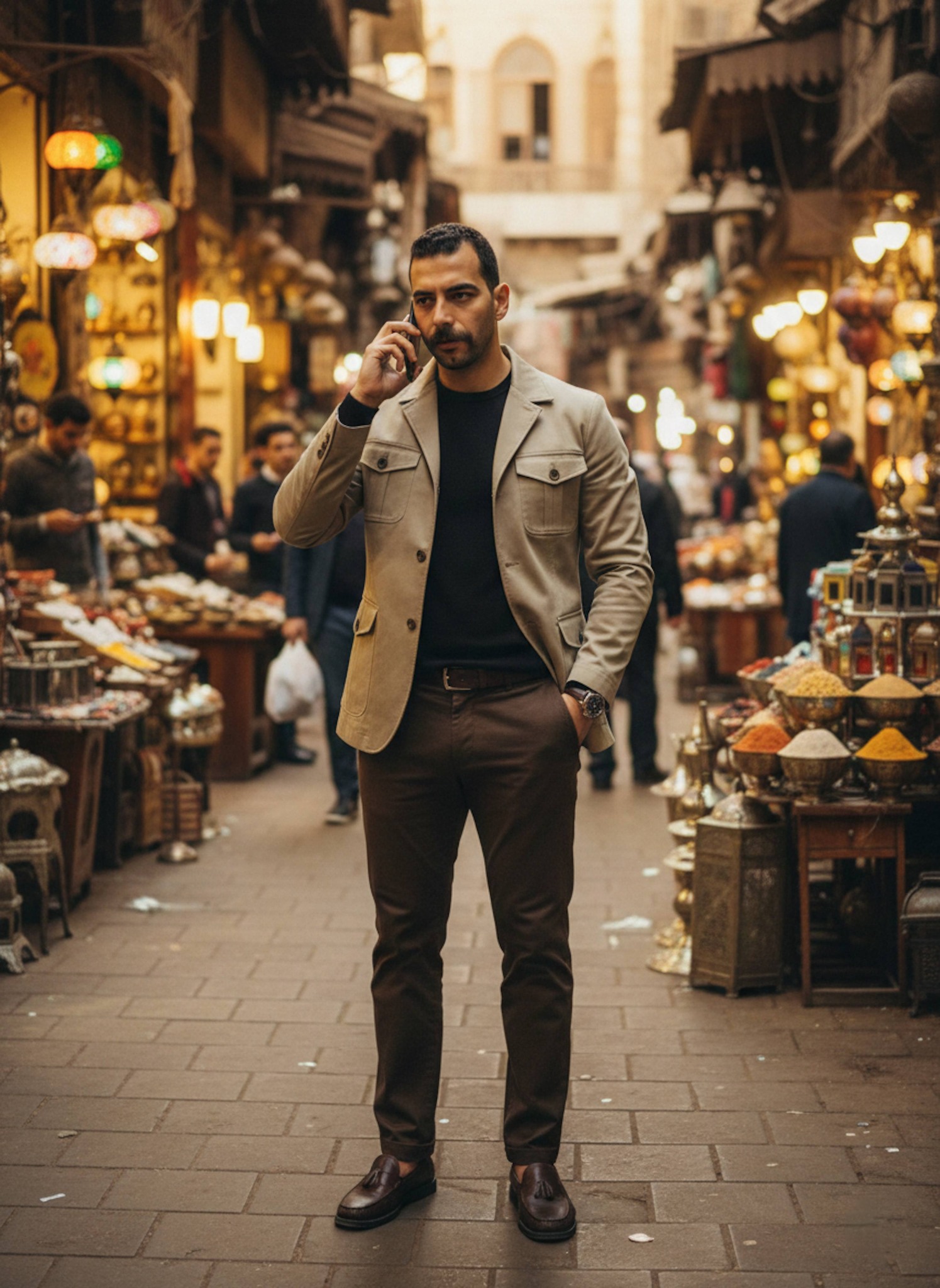 Elegant portrait of a person near a pillar at a formal diplomatic reception in Cairo holding sparkling water