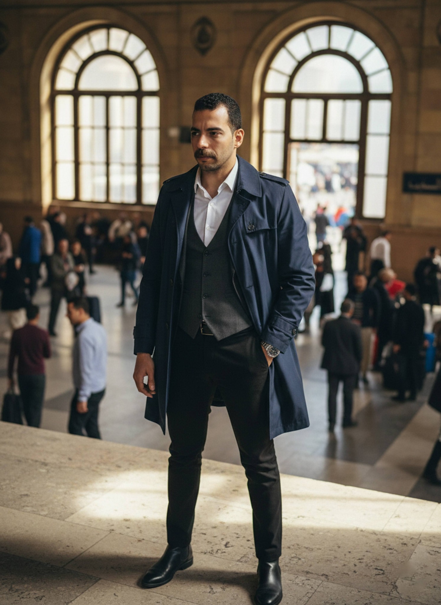 Documentary portrait through a rain-streaked window at Ramses Station during a surveillance watch operation