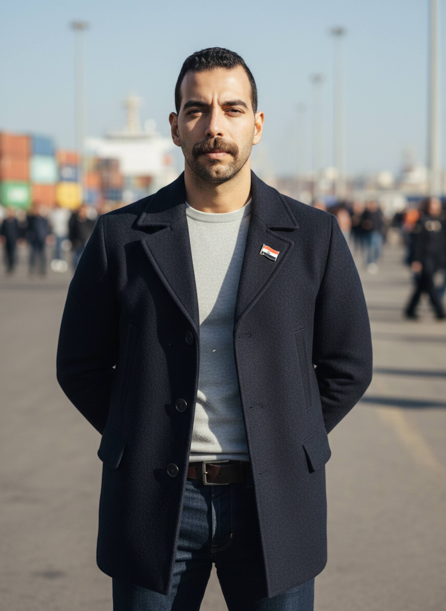 Candid long-lens portrait of a person on Alexandria Port docks near shipping containers monitoring cargo vessels