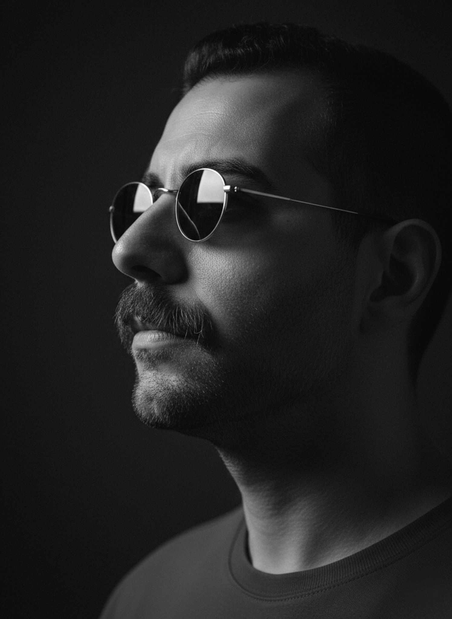 Ultra-realistic black and white extreme close-up of a person in round vintage sunglasses with strong jawline