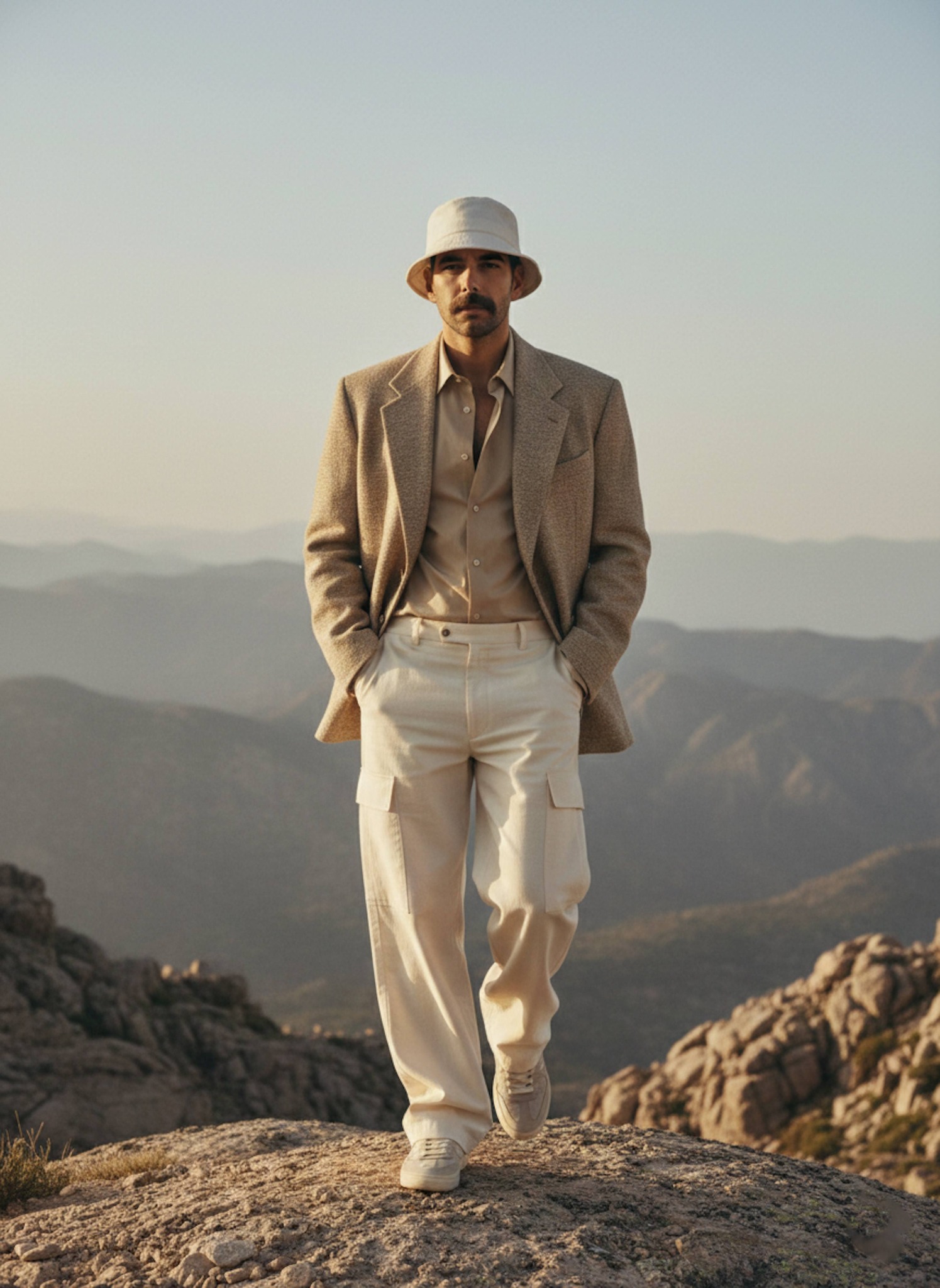 High-fashion editorial portrait walking on rocky mountain terrain in an oversized beige blazer and cream cargo pants