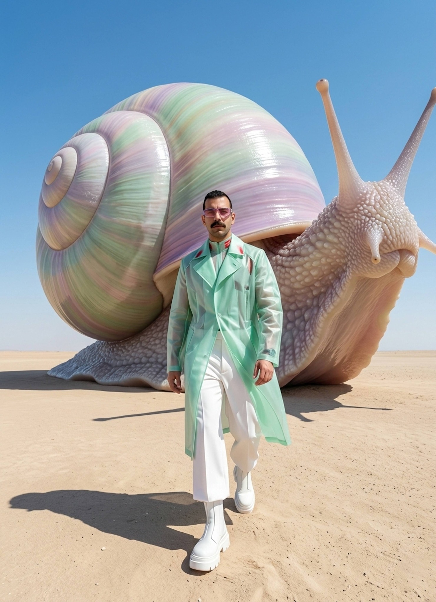 Surreal desert portrait with a person in mint-green coat and a giant pastel snail towering behind under blue sky