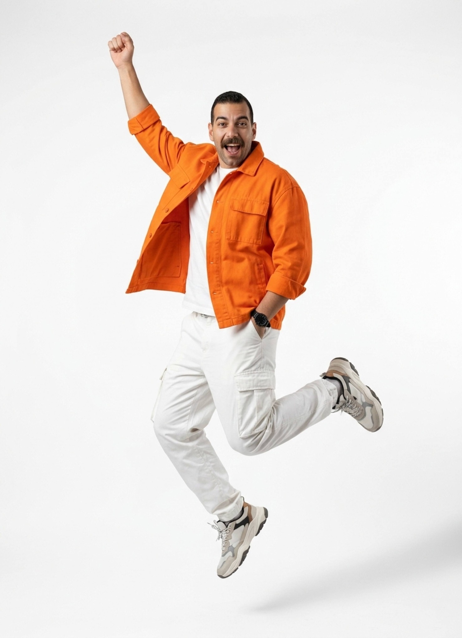 Dynamic fashion portrait of a dancer mid-air in an orange oversized jacket with arms raised and joyful expression