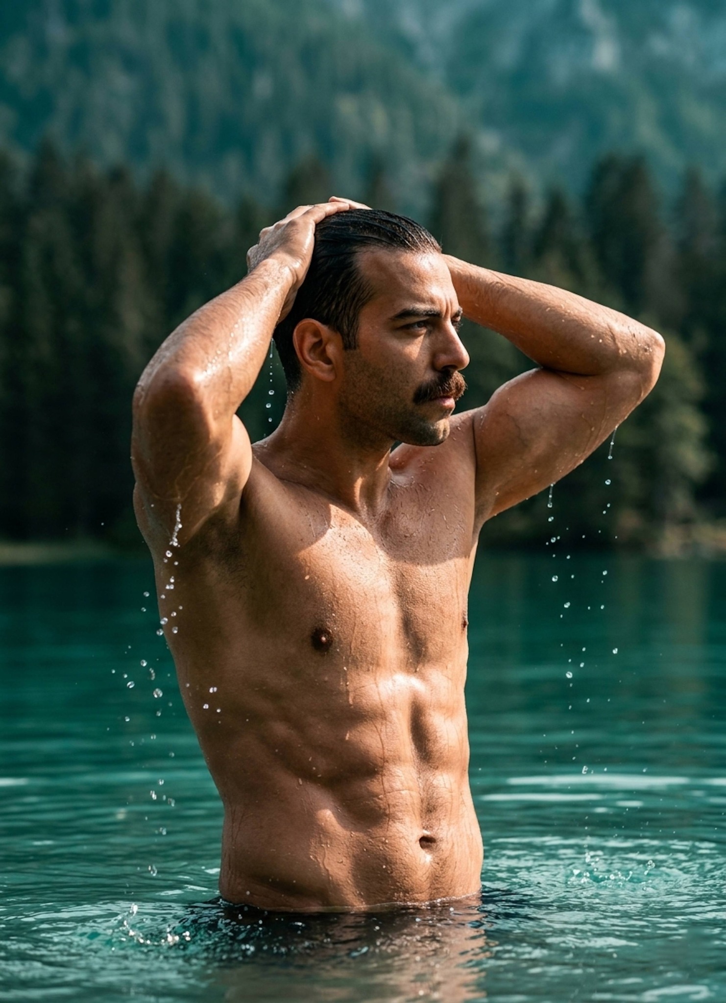 Cinematic portrait of a muscular person standing waist-deep in a turquoise mountain lake with glistening wet skin