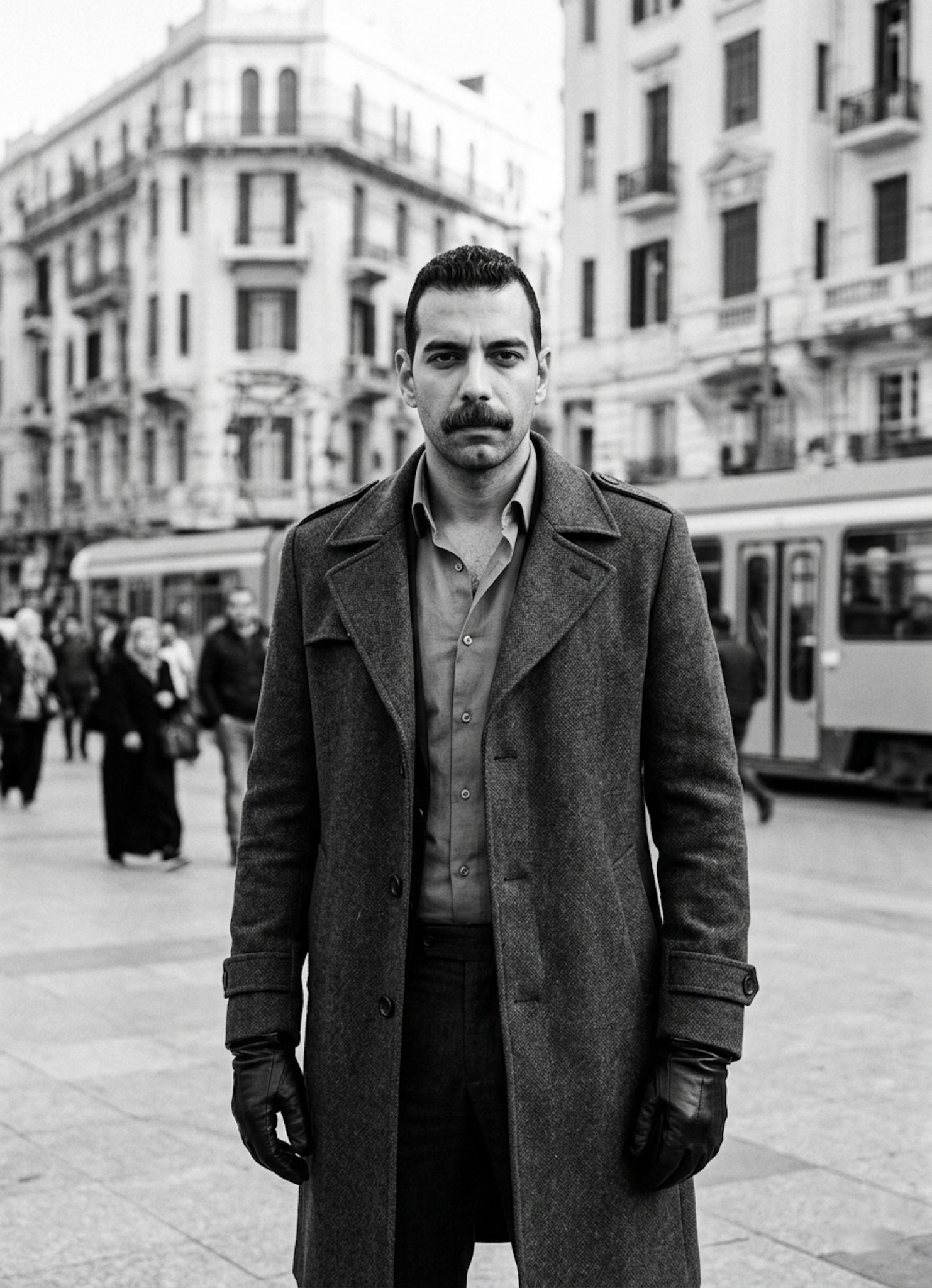 Person in a wool trench coat and leather gloves with a focused professional expression at a city square in sharp monochrome