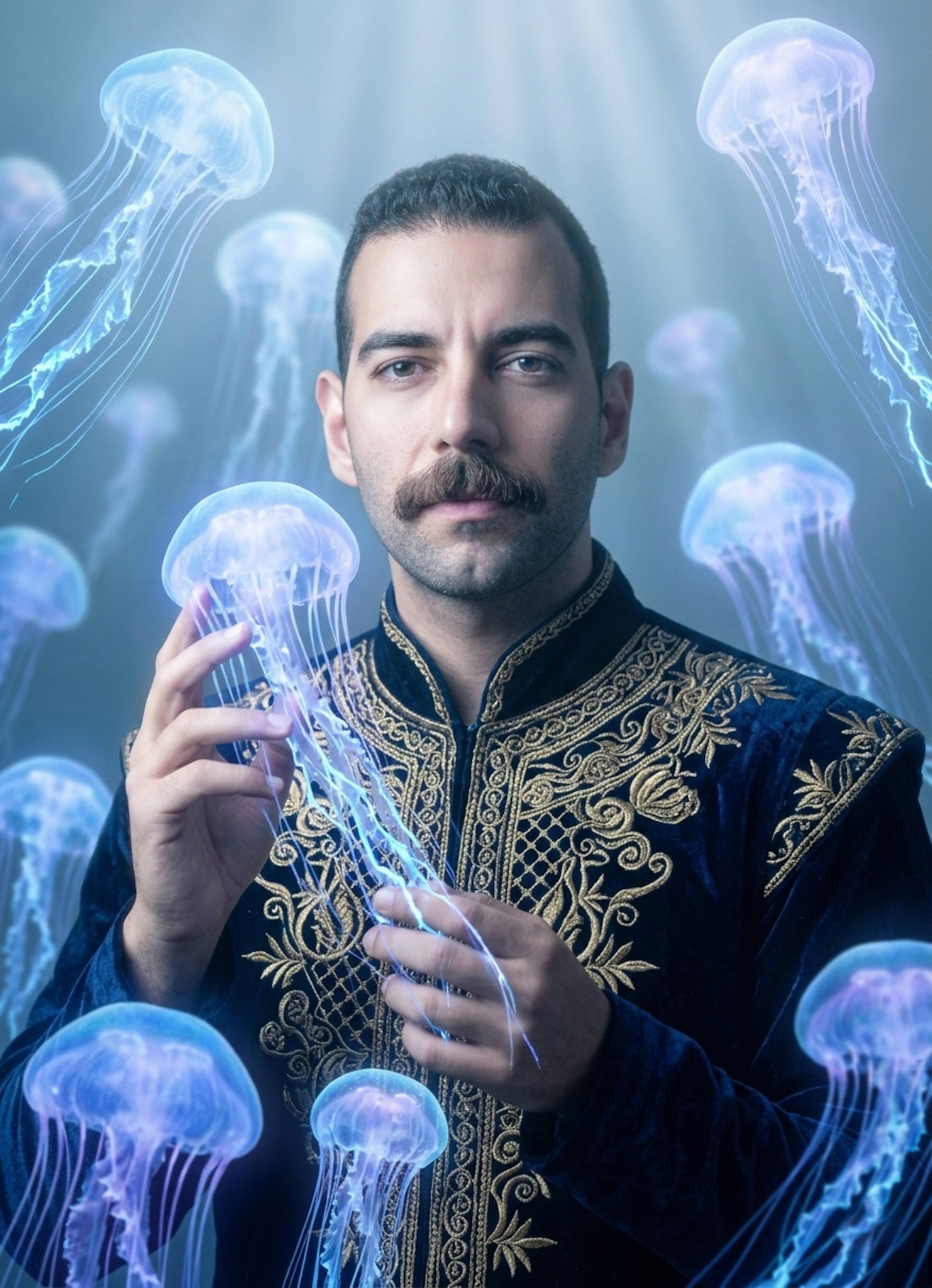 Ethereal fantasy portrait of a person in king attire surrounded by glowing translucent blue jellyfish underwater