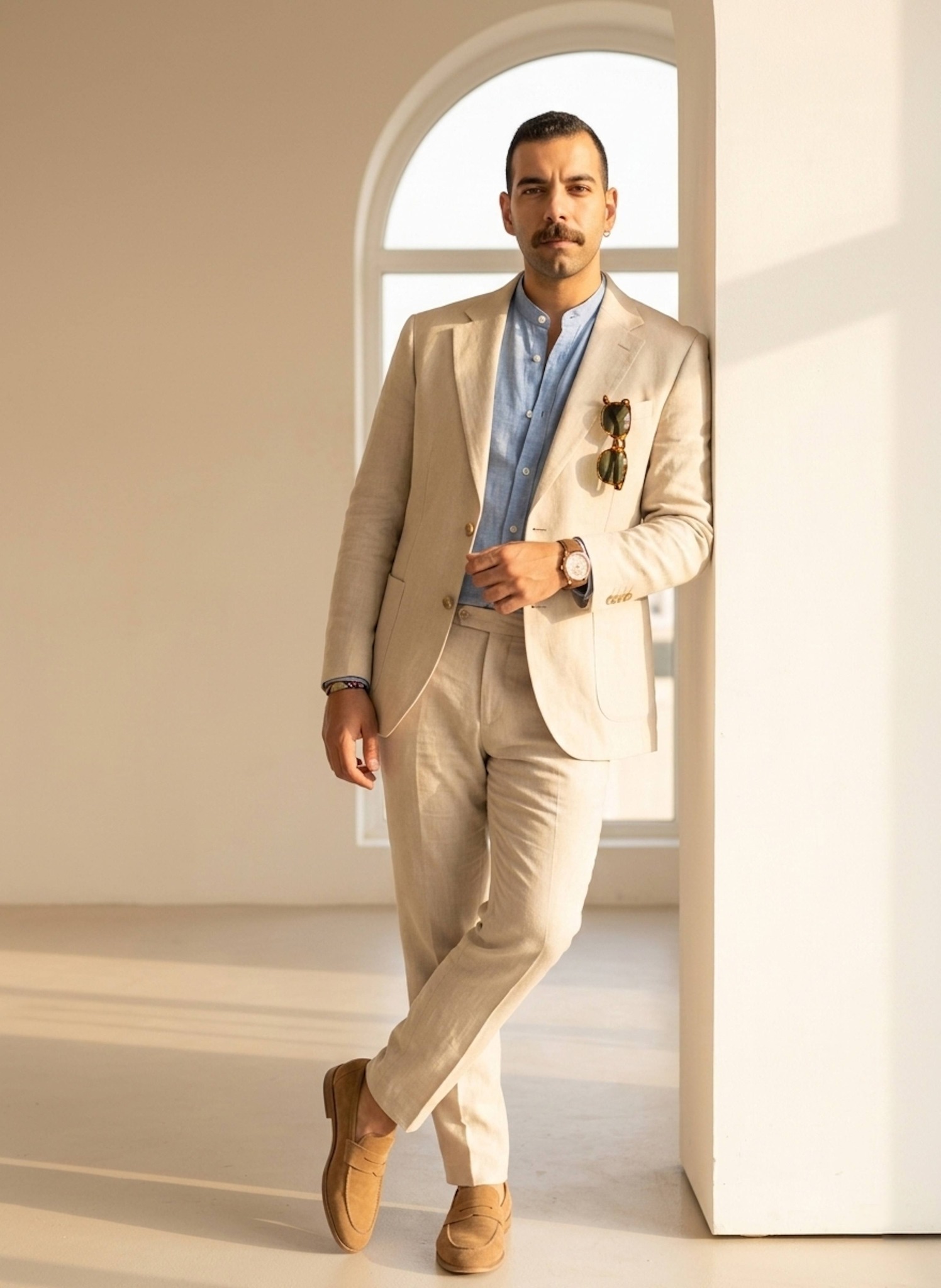 Bright studio portrait of a person leaning in a linen suit with golden hour sunlight through an arched window