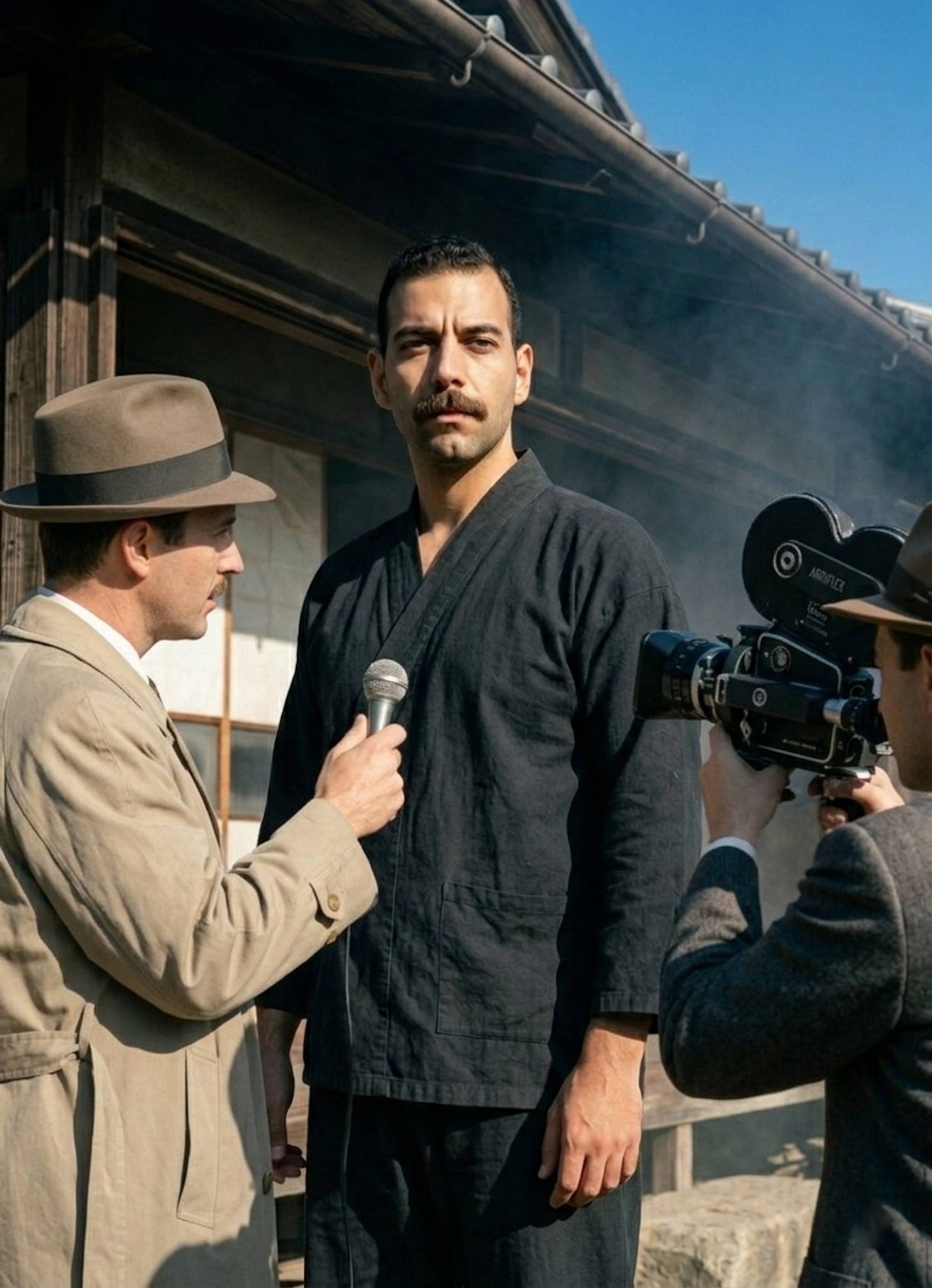 Photorealistic 1950s portrait of a person being interviewed by a foreign reporter with vintage camera and film grain