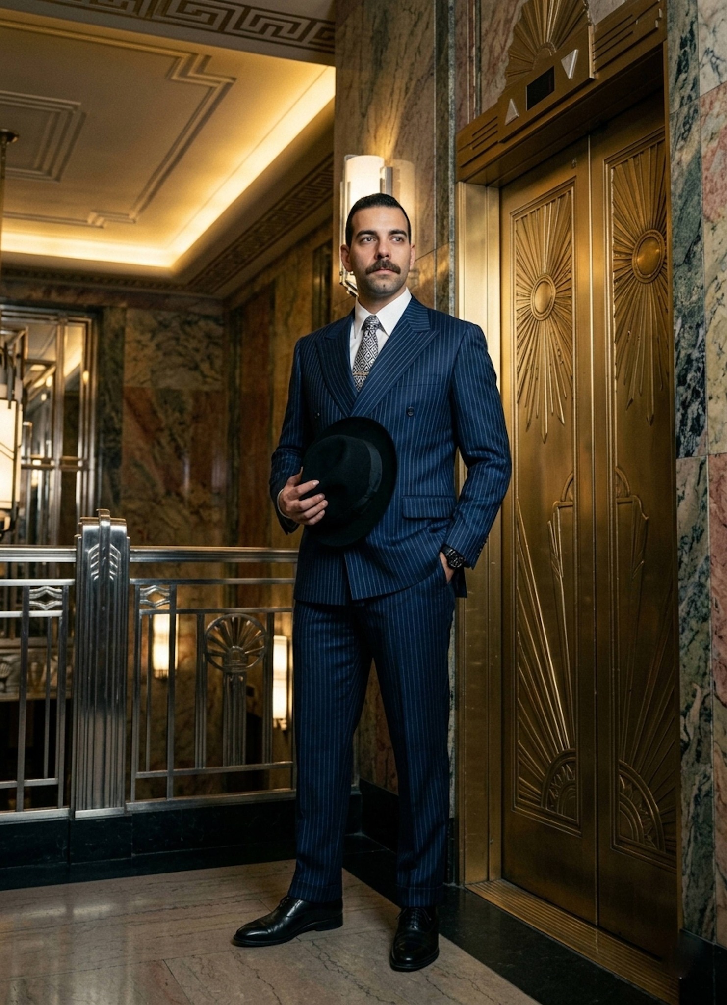 Cinematic full-body portrait in a navy pinstripe suit standing in a geometric Art Deco skyscraper lobby