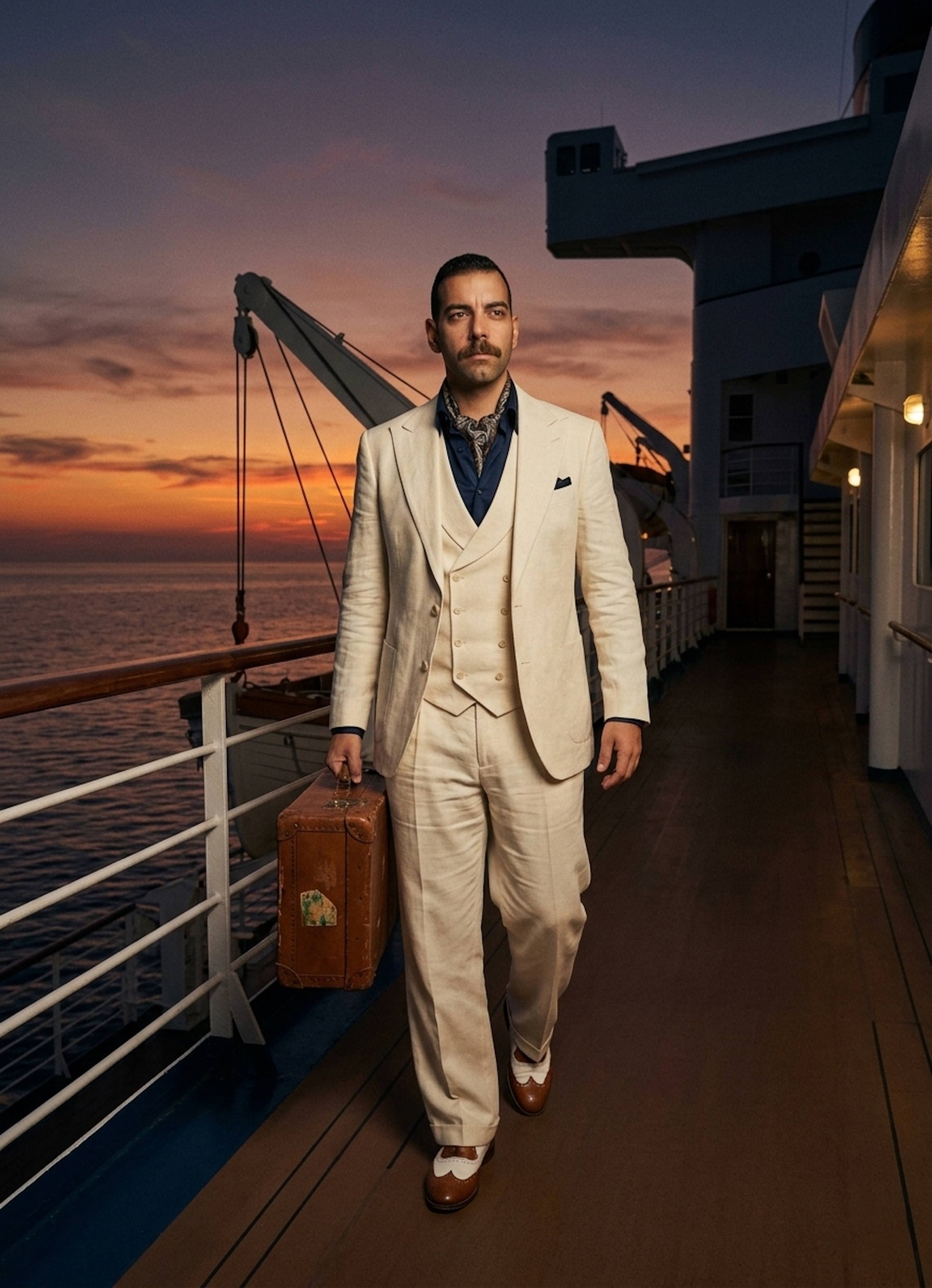 Sophisticated portrait walking on a vintage luxury ocean liner deck at twilight in a cream three-piece linen suit