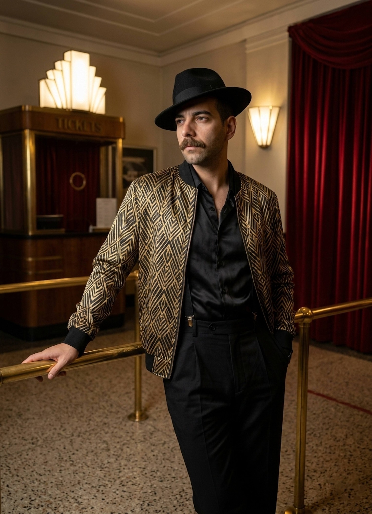 Portrait in a black and gold silk bomber jacket leaning on brass railing in a vintage Art Deco cinema foyer