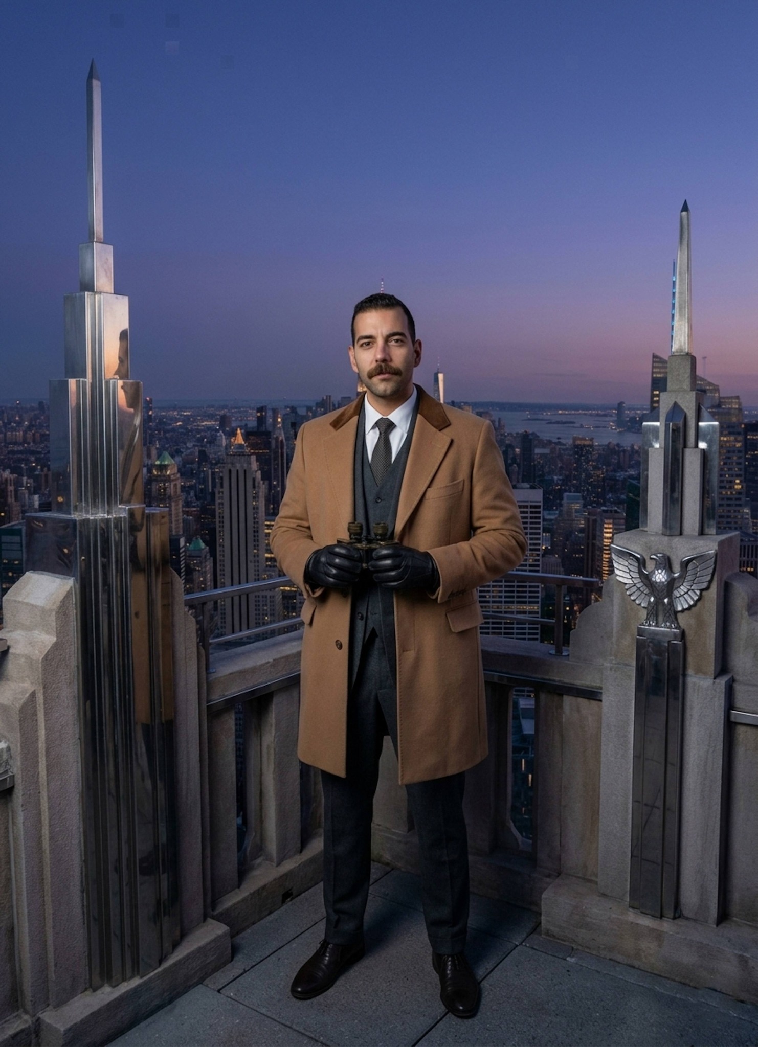 Sophisticated portrait on a 1930s Art Deco rooftop observatory at dusk in a camel overcoat overlooking the city skyline