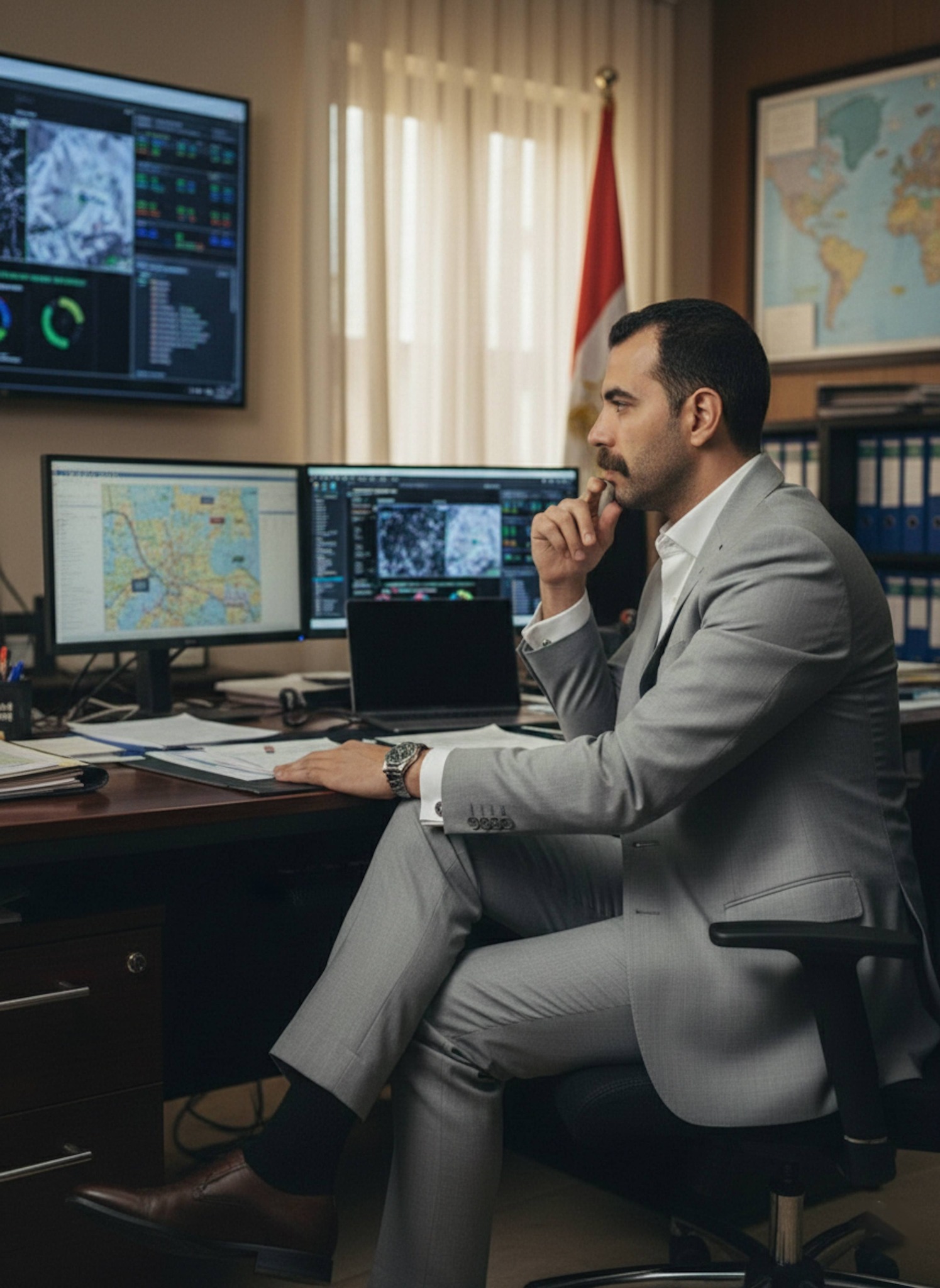 Authoritative portrait seated at the head of a secure command center conference table reviewing classified briefs