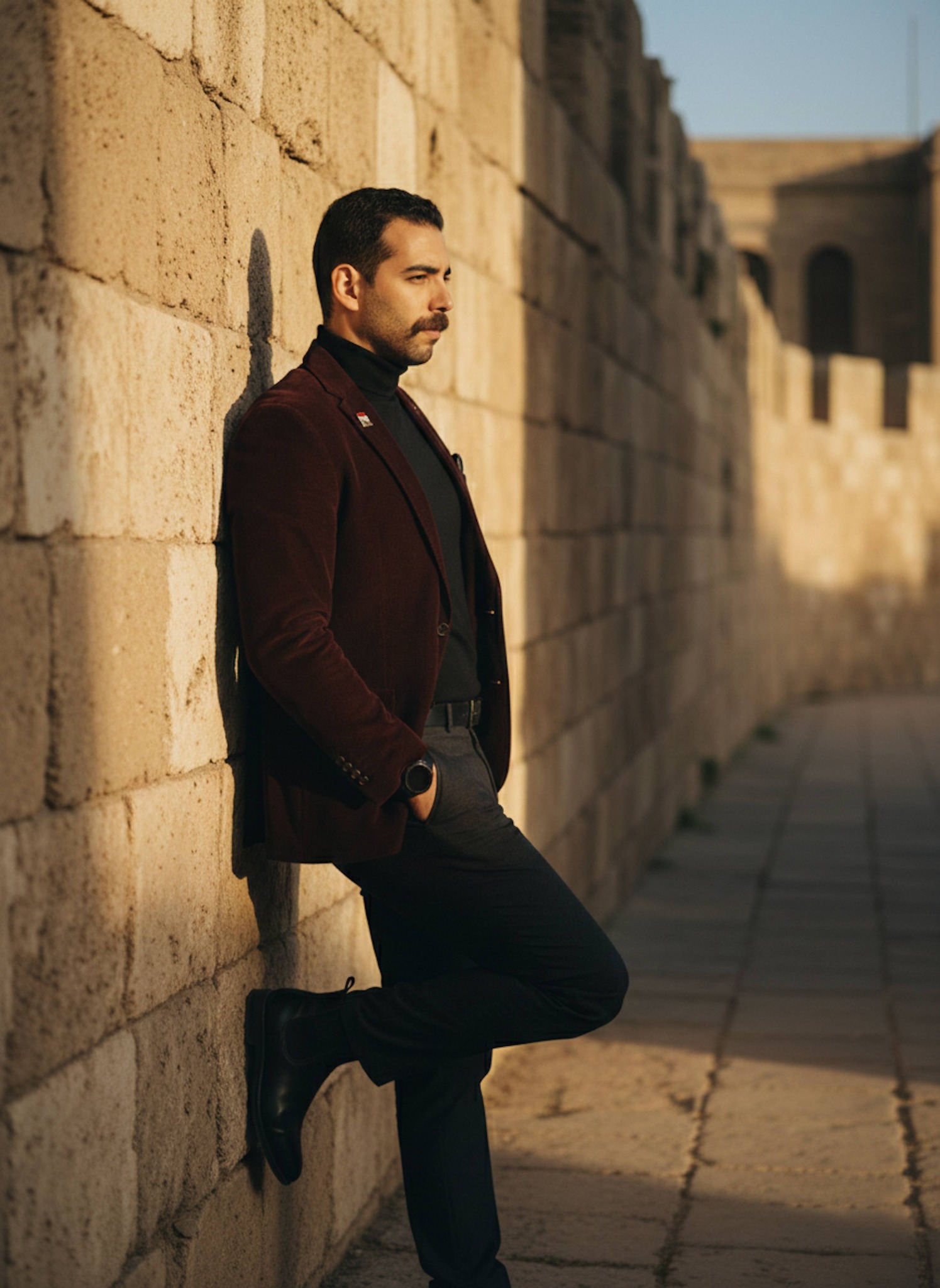 Professional portrait of a bodyguard scanning a luxury hotel lobby during a high-level meeting