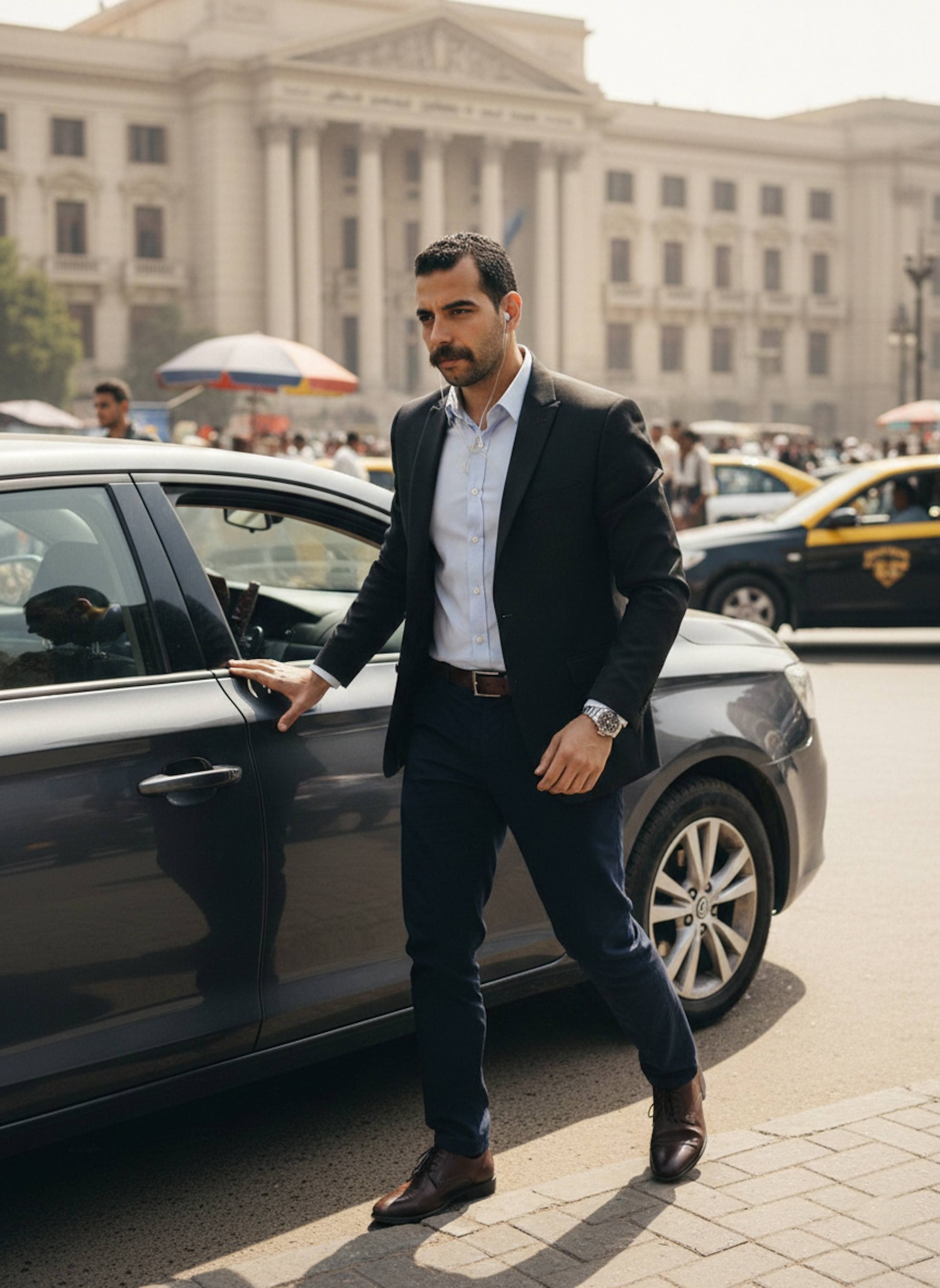 Candid portrait of a person conducting car surveillance on a quiet Zamalek street with intense focused expression
