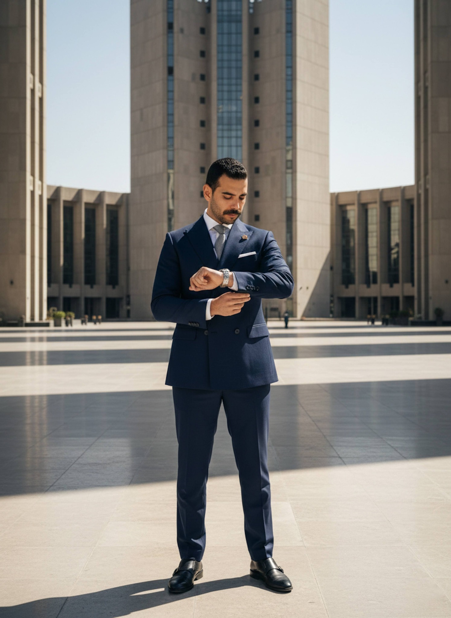 Formal documentary portrait of a senior intelligence executive with controlled composure in a private office