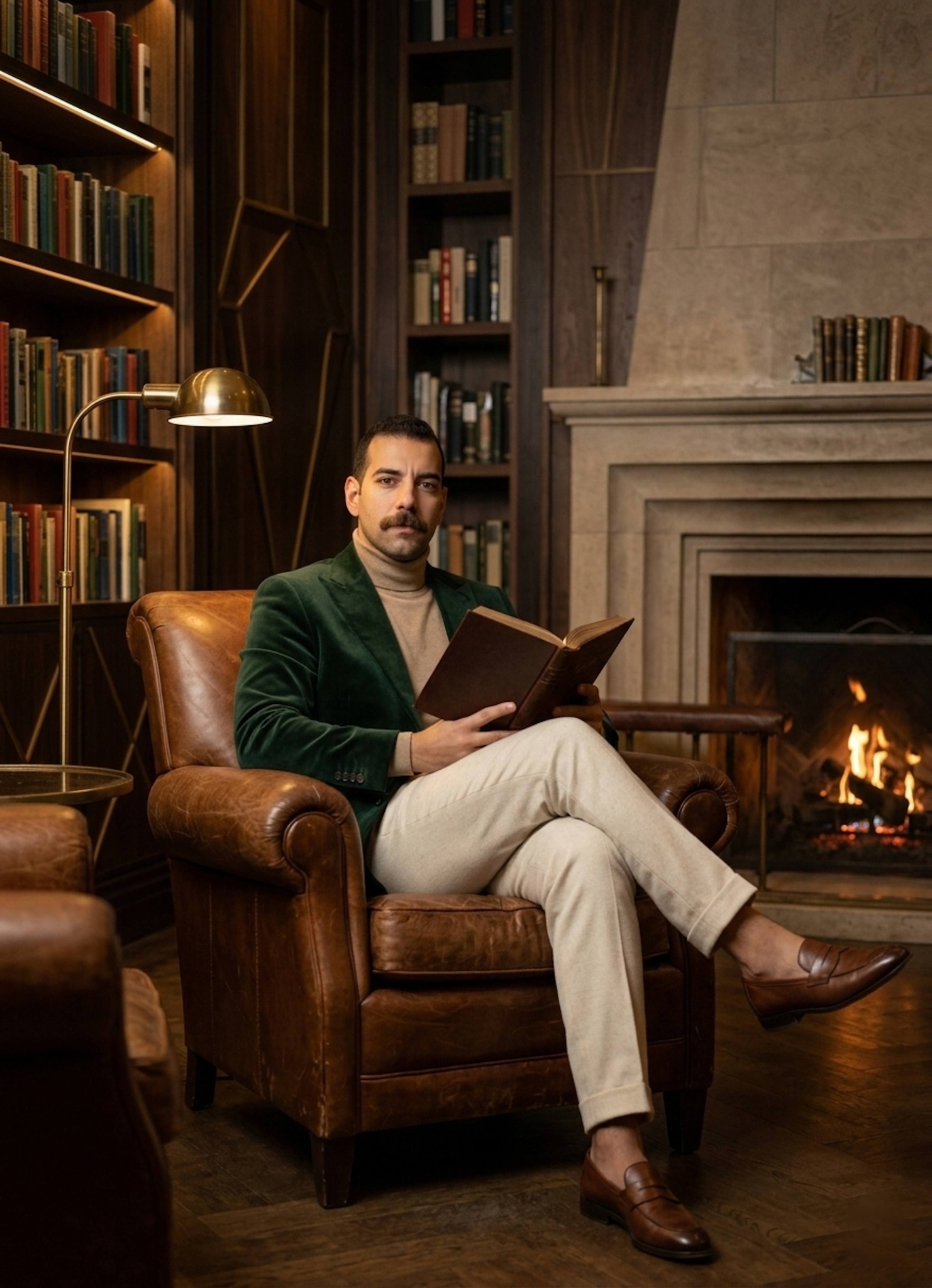 Portrait seated in a leather armchair in an Art Deco library with floor-to-ceiling bookshelves and green velvet blazer