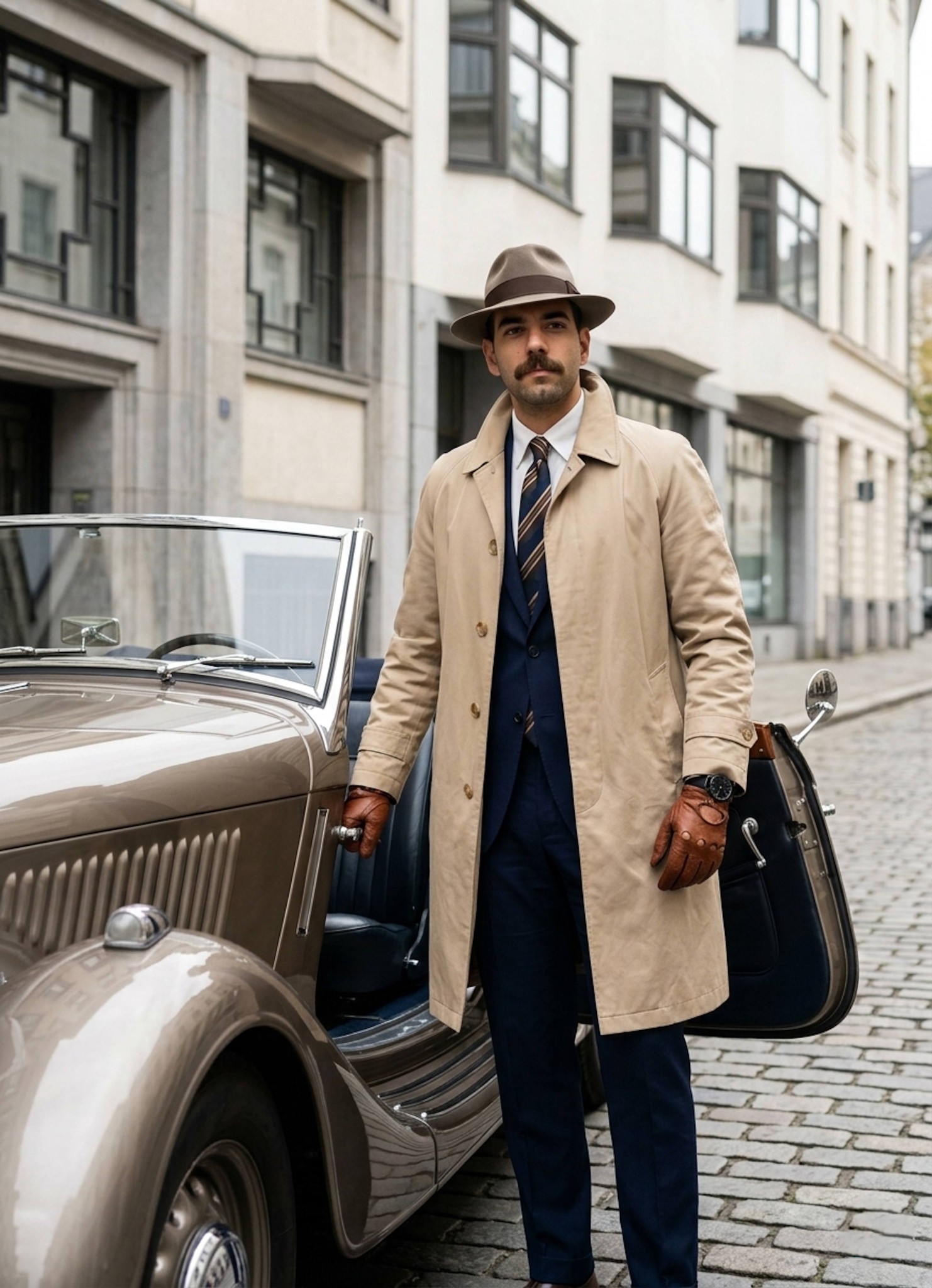 Portrait standing next to a polished 1930s luxury roadster on a European cobblestone street in a tan trench coat