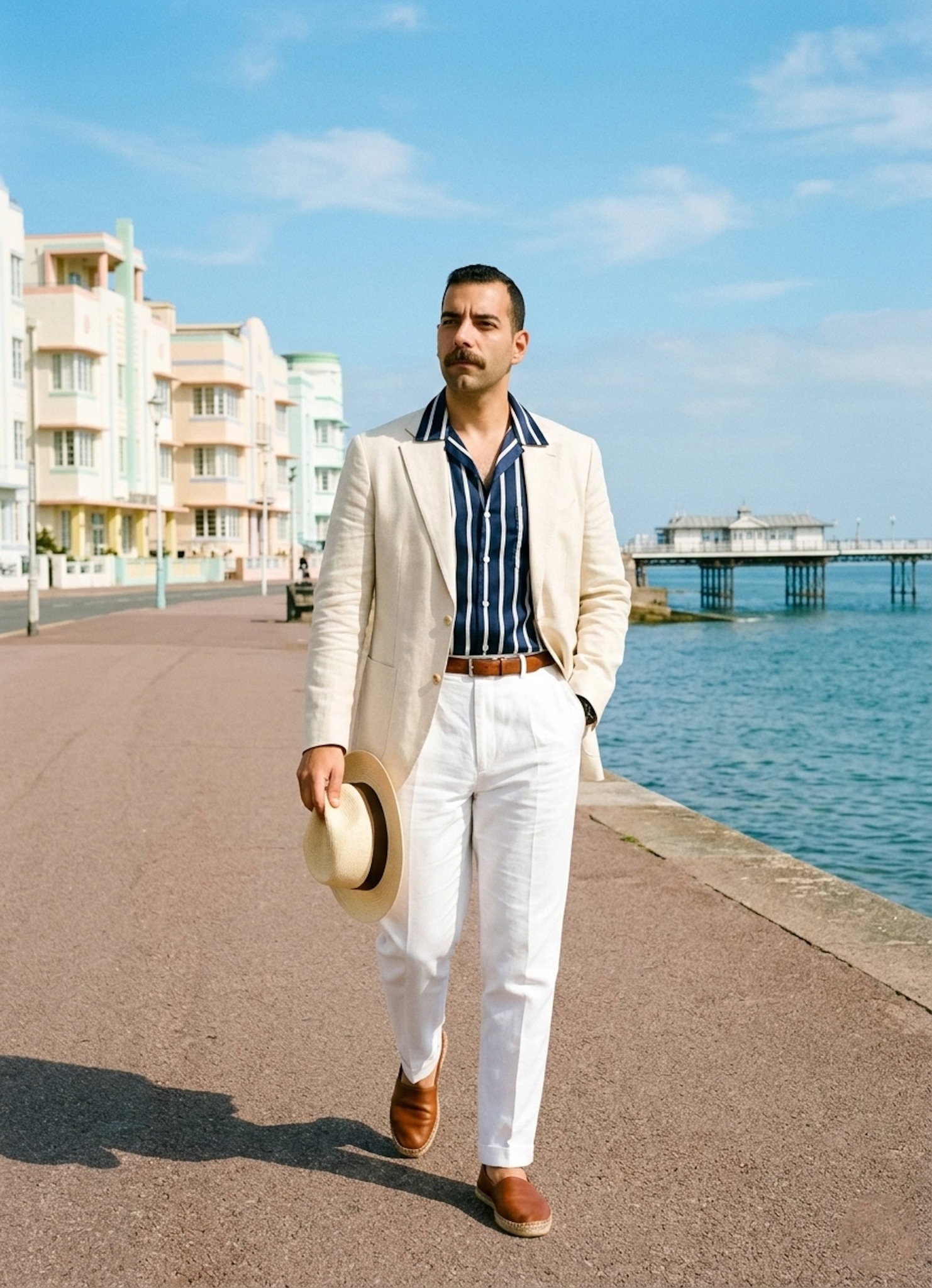 Sophisticated portrait walking along a seaside promenade with pastel Art Deco buildings in a cream linen blazer