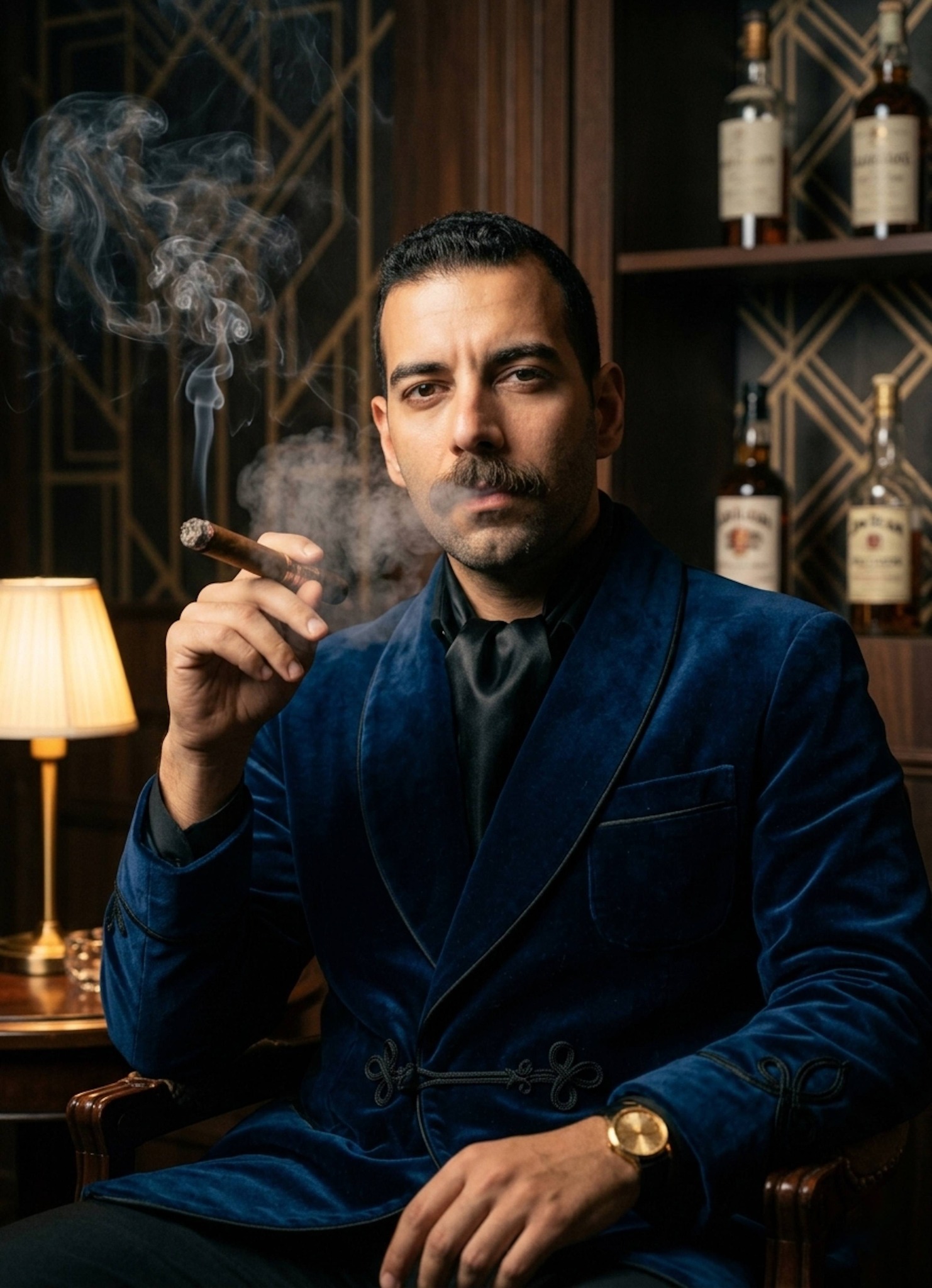 Portrait in a deep blue velvet smoking jacket holding a cigar in a dark Art Deco wood-paneled lounge with smoke