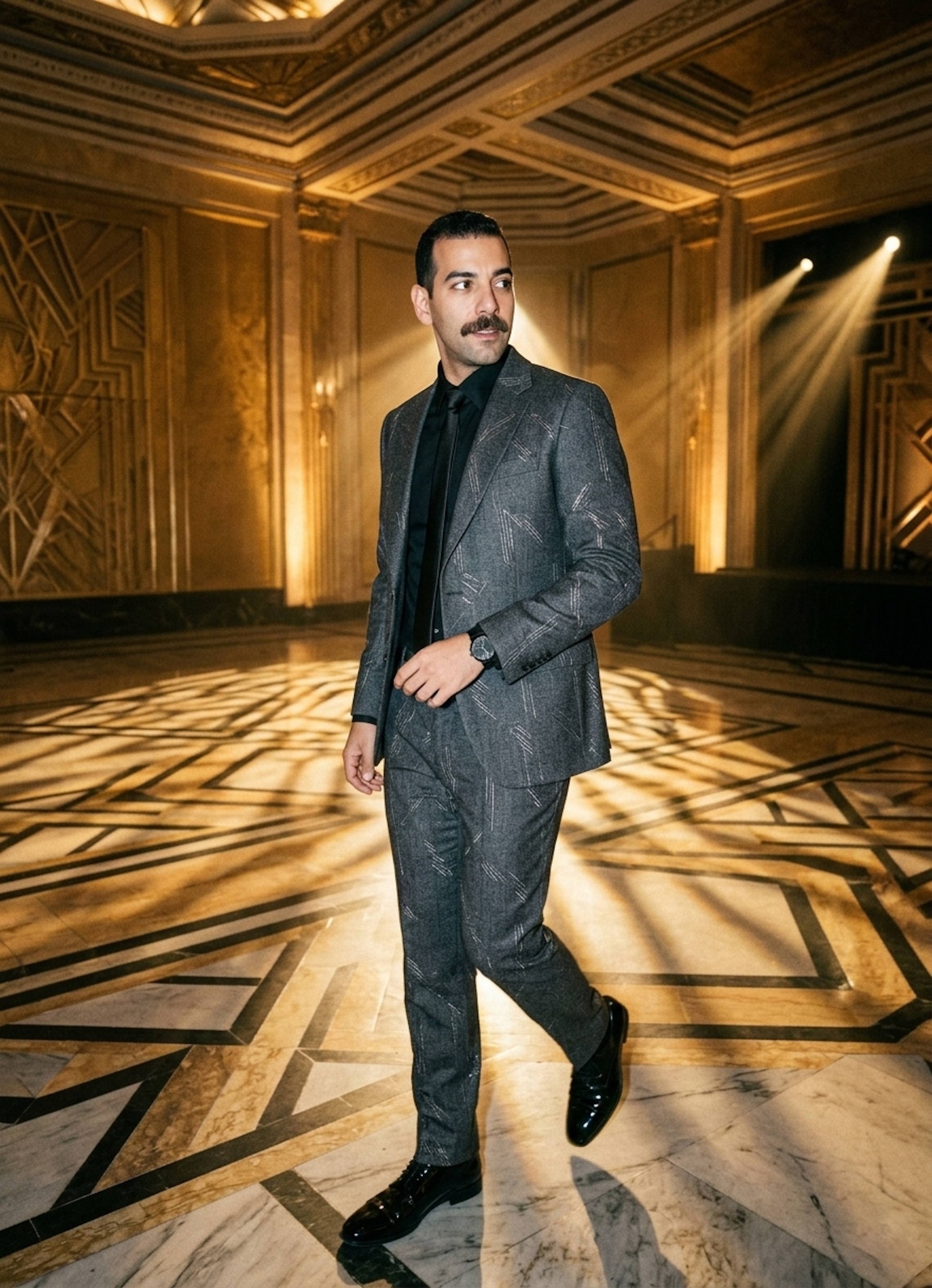 Person walking through a stunning Art Deco ballroom with intricate geometric patterns on floors, walls, and ceiling